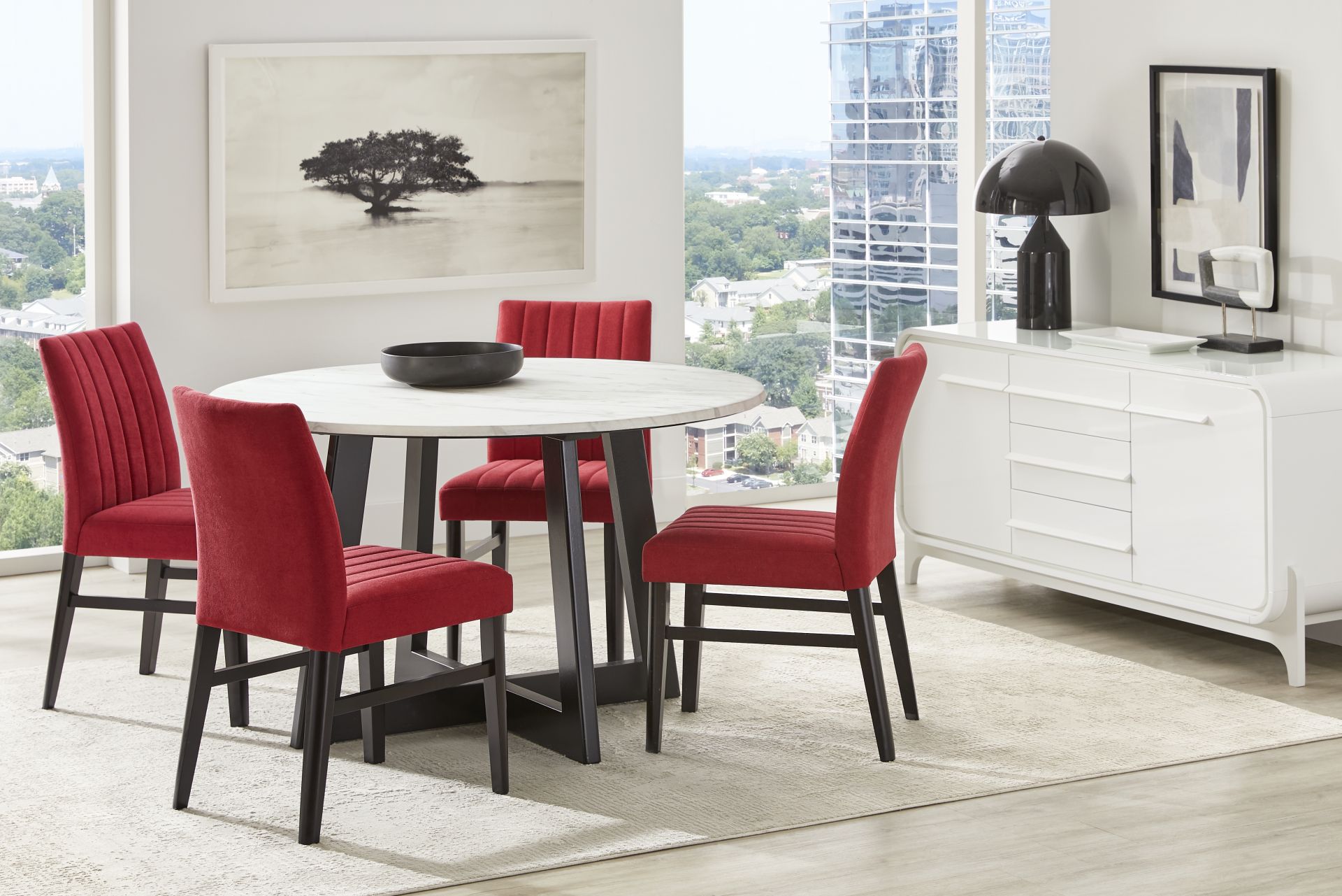 Jarvis White 5 Pc Round Dining Room with Red Chairs - Image 1