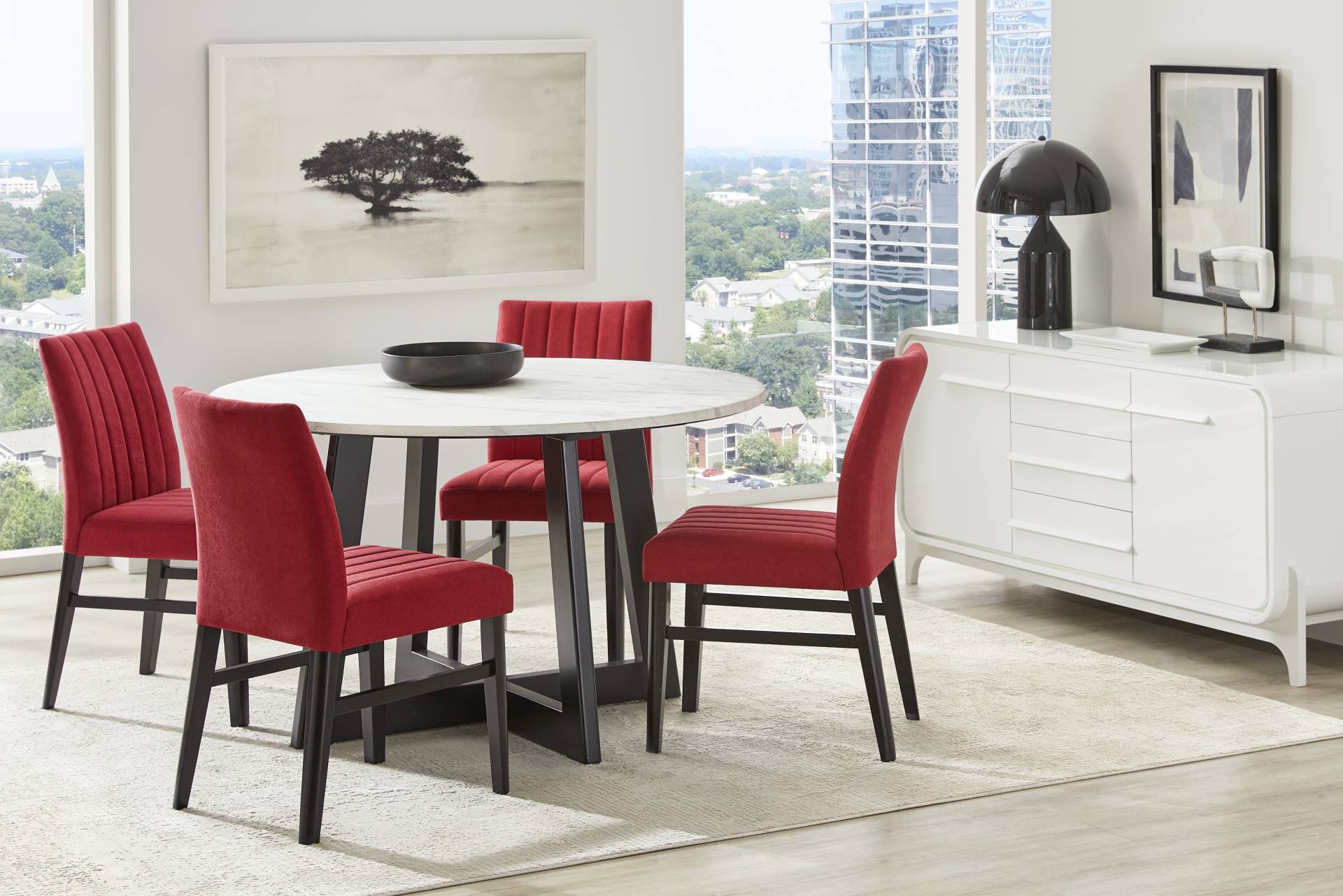 Jarvis White 5 Pc Round Dining Room with Red Chairs full room