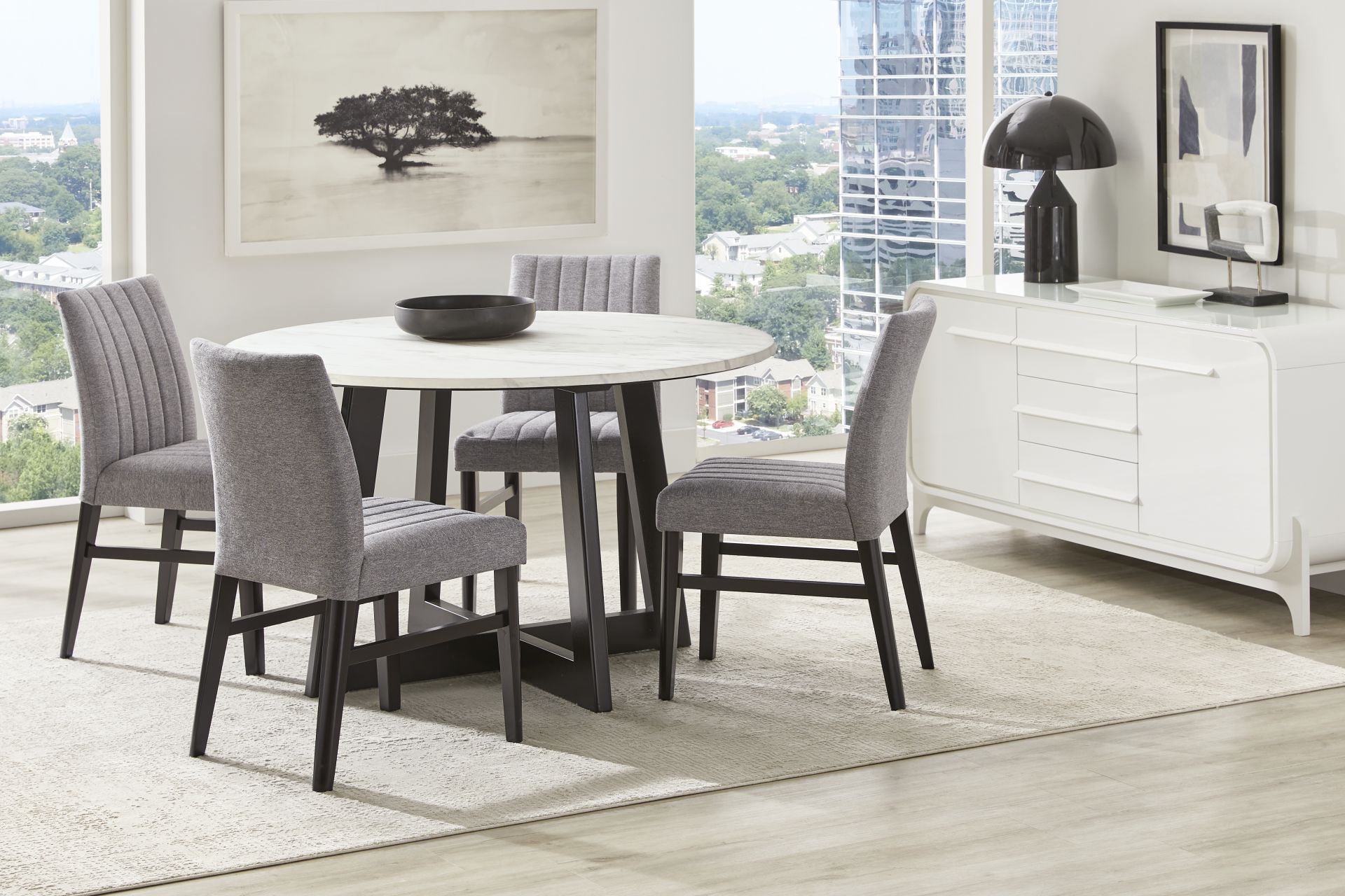 Jarvis White 5 Pc Round Dining Room with Gray Side Chairs - Image 1
