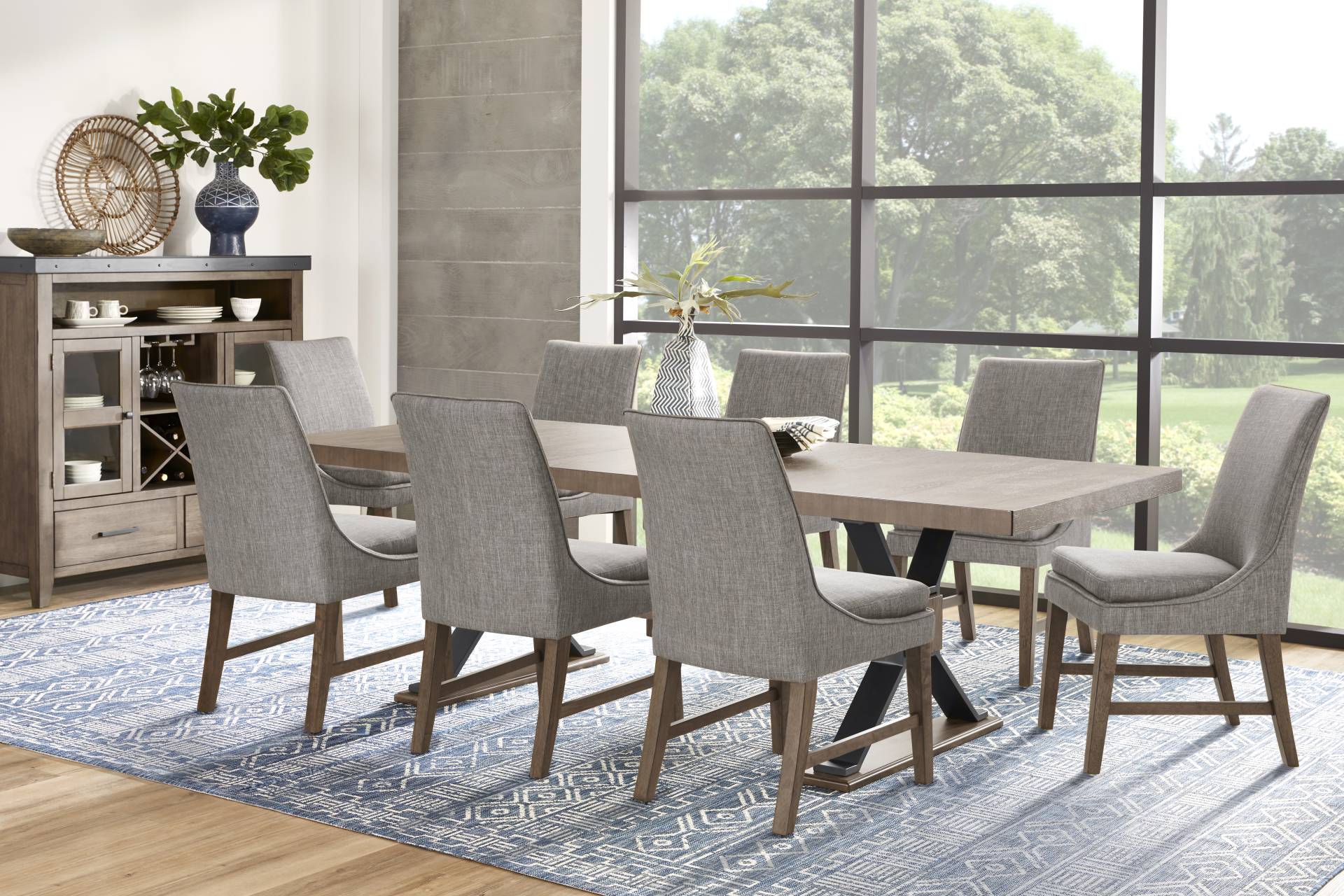 Hazelnut Woods Brown 6 Pc Dining Room with Upholstered Chairs and Bench full room