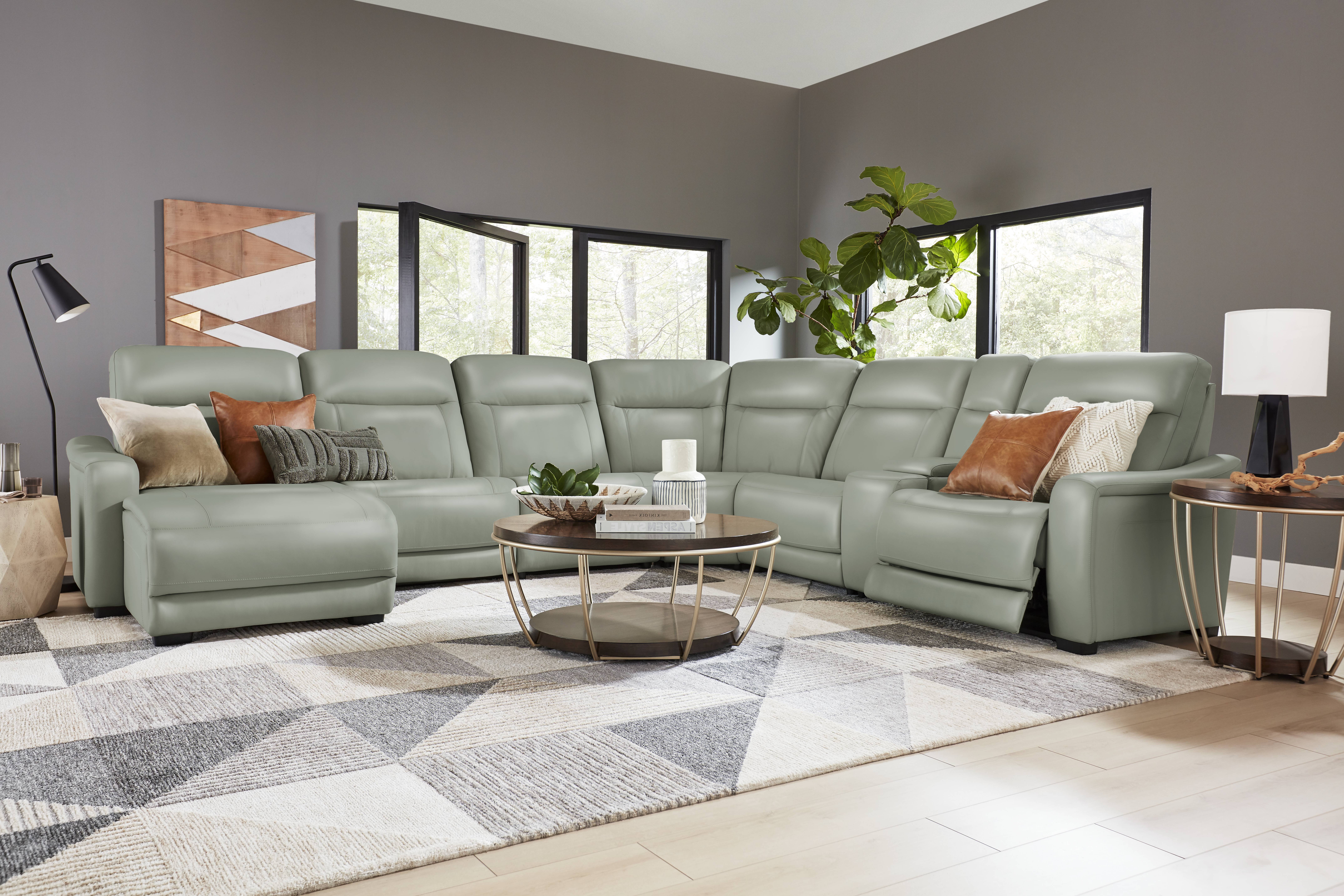 Newport Mint Leather 7 Pc Dual Power Reclining Sectional - Thumbnail - Image 2