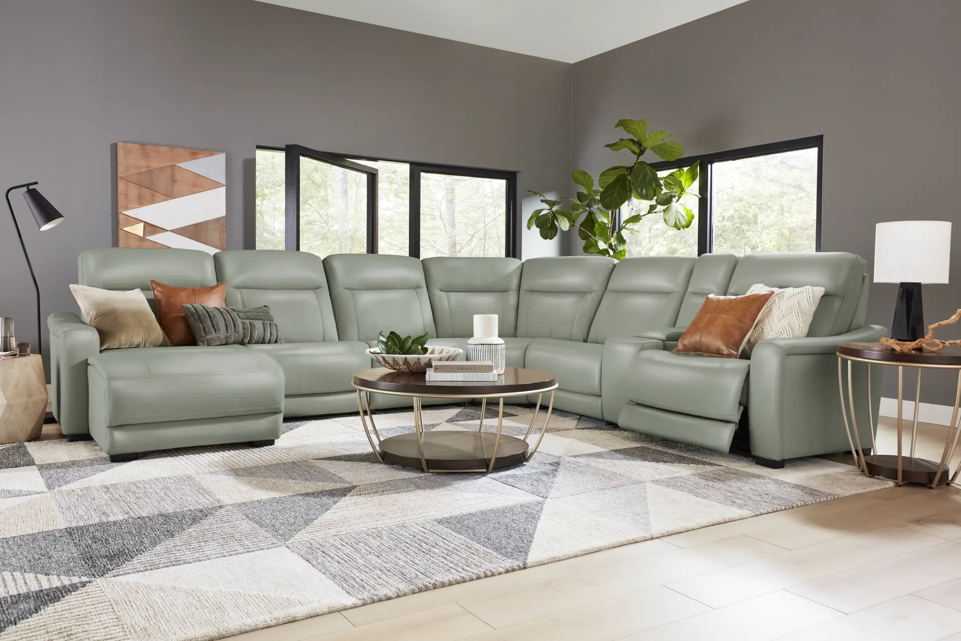 Newport Mint Leather 7 Pc Dual Power Reclining Sectional