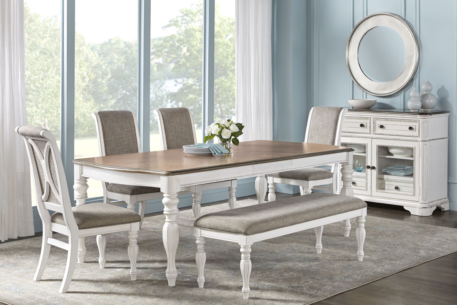 French Market White 6 Pc Rectangle Dining Room with Upholstered Chairs and Dining Bench - Image 1