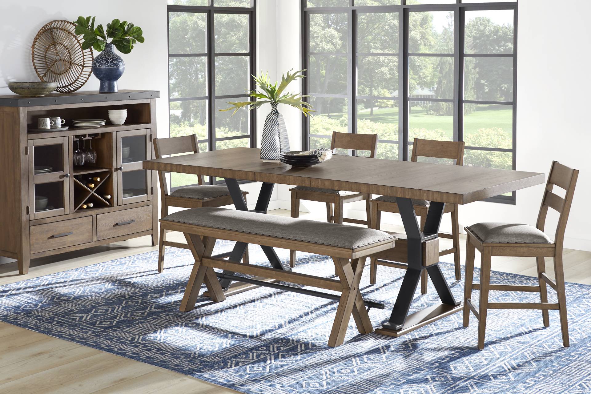 Hazelnut Woods Brown 6 Pc Counter Height Dining Room with Ladder Back Stools and Bench full room