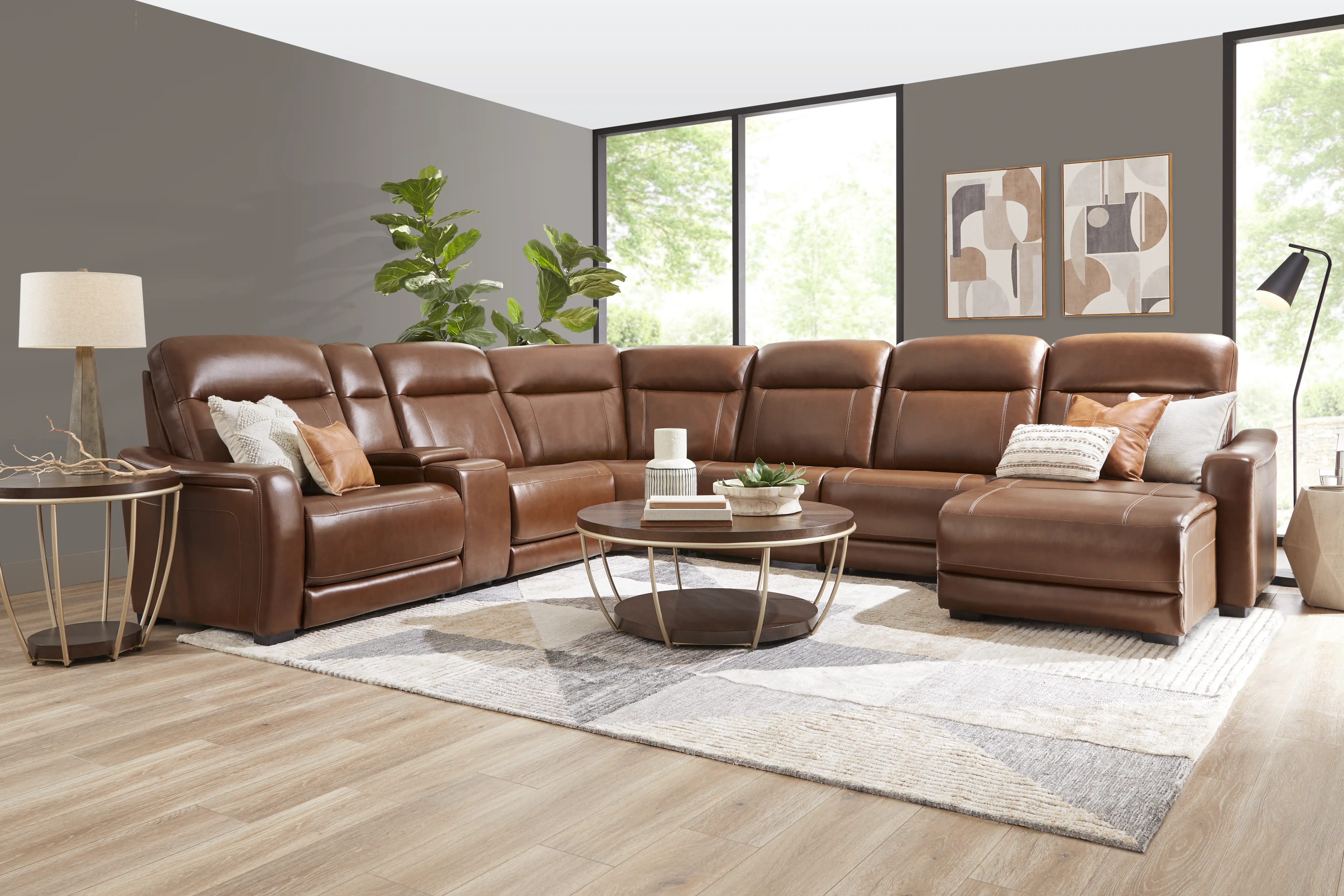 Newport Brown Leather 7 Pc Dual Power Reclining Sectional - Thumbnail - Image 2