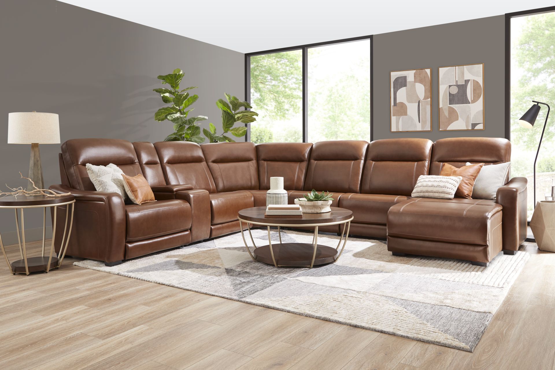 Newport Brown Leather 7 Pc Dual Power Reclining Sectional - Image 2