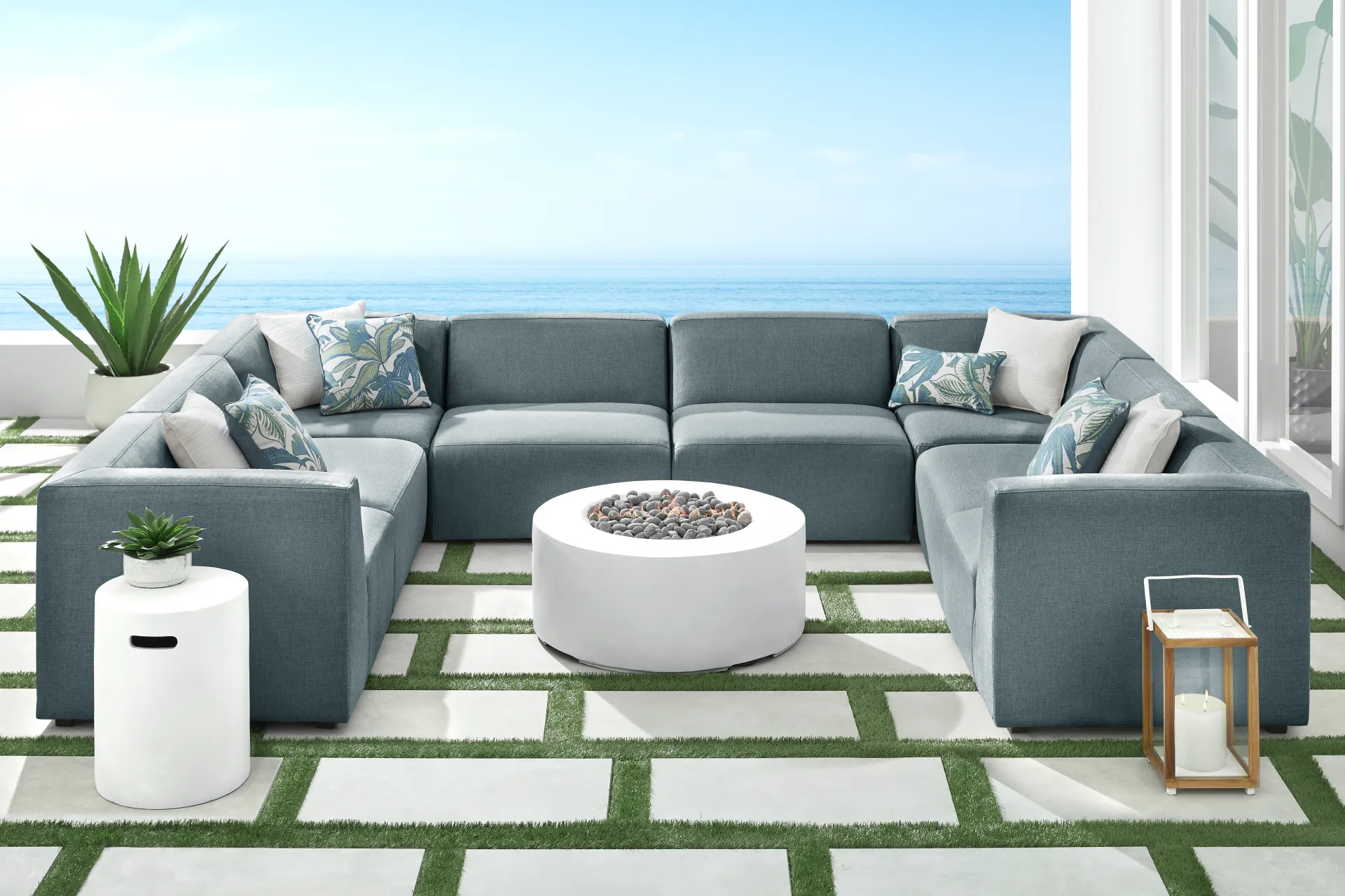 Calay 8 Pc Outdoor Sectional with Teal Slipcovers - Image 1
