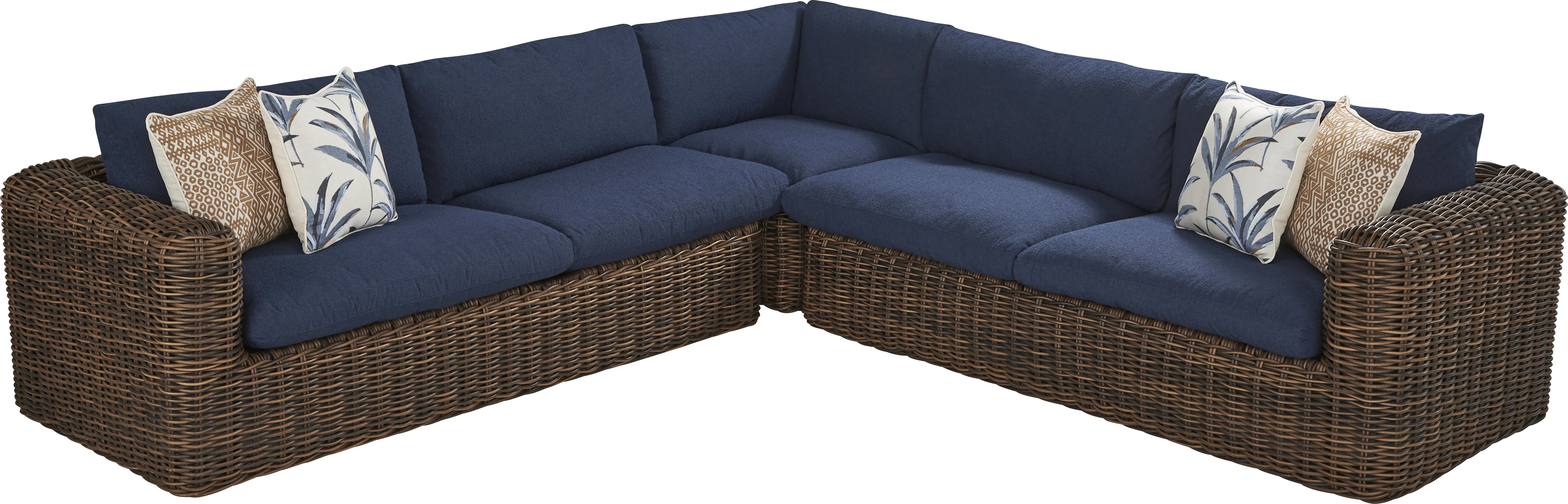 Plume Brown 3 Pc Outdoor Sectional with Navy Cushions - Thumbnail - Image 1