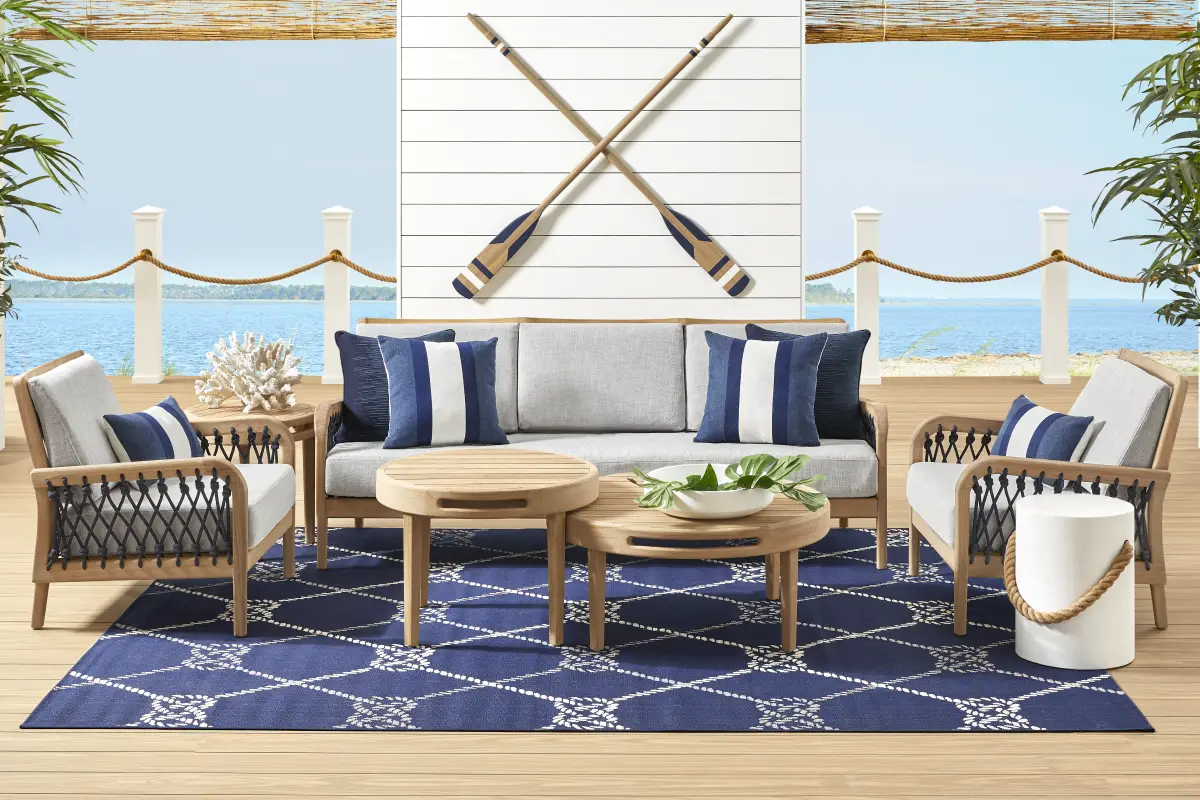 Riva Blonde Outdoor Ottoman with Dove Cushion