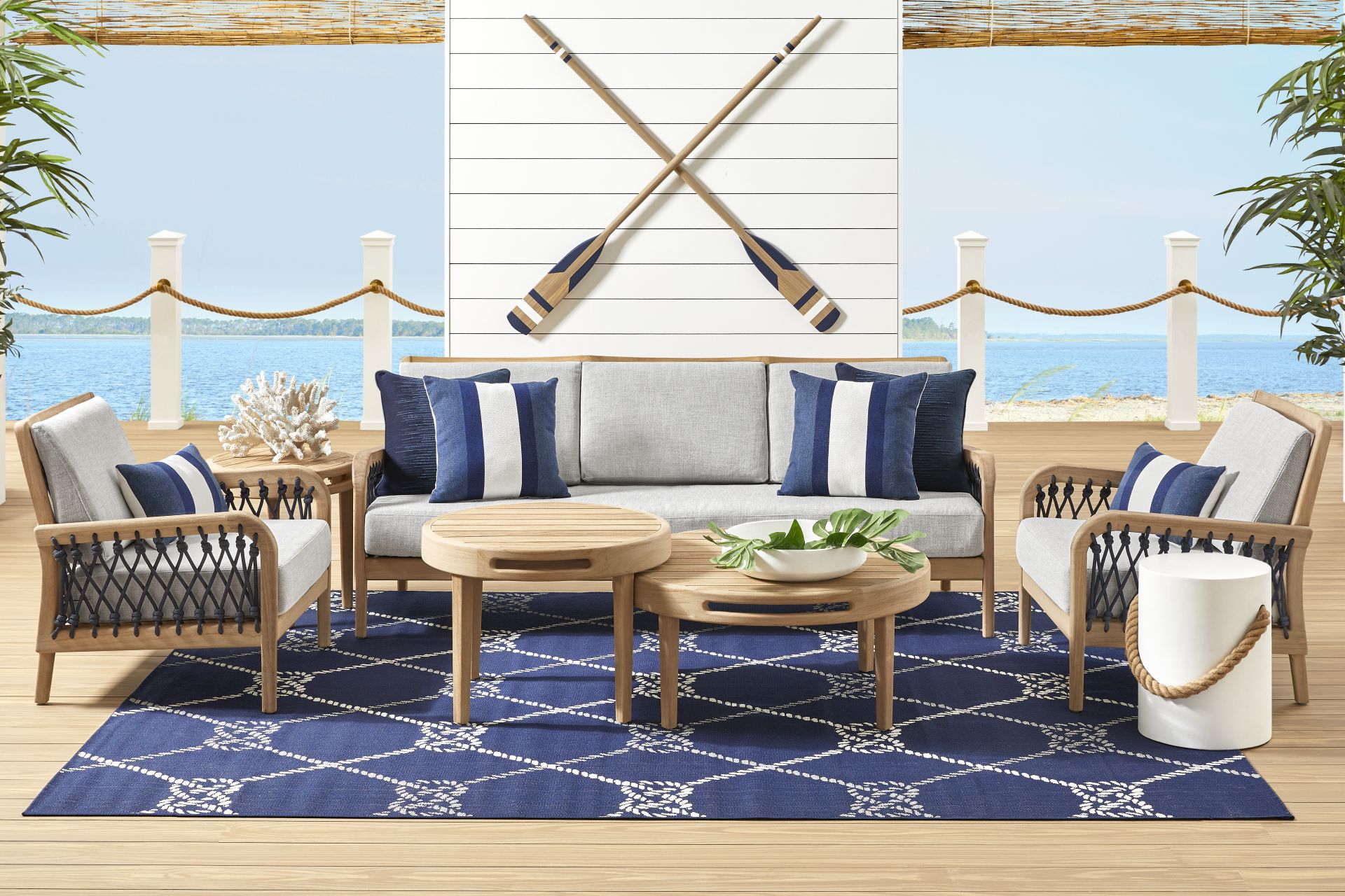 Riva Blonde 5 Pc Outdoor Seating Set with Dove Cushions - Image 1