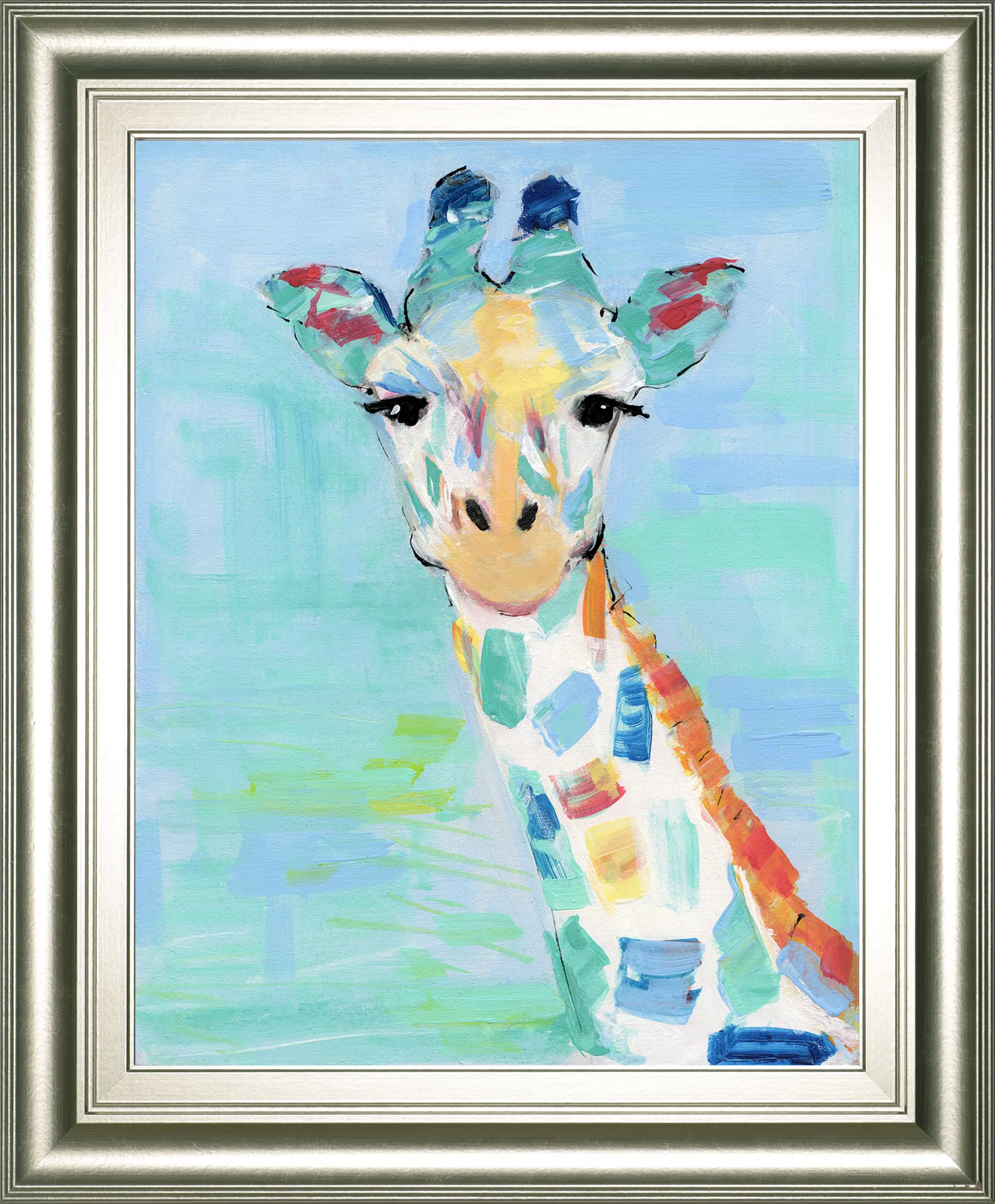 Kids Rainbow Giraffe Blue Framed Wall Art