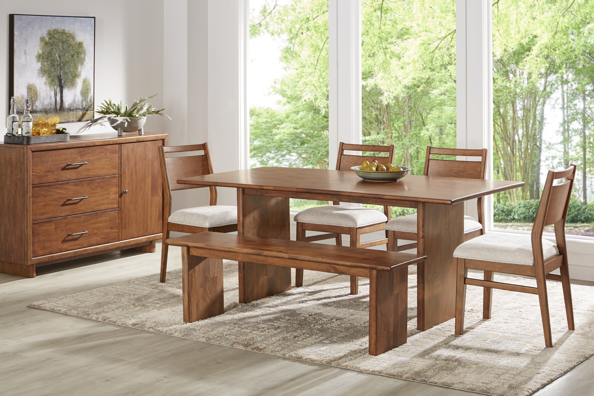 Surrey Ellis Brown 6 Pc Dining Room with Panel Back Chairs and Bench full room