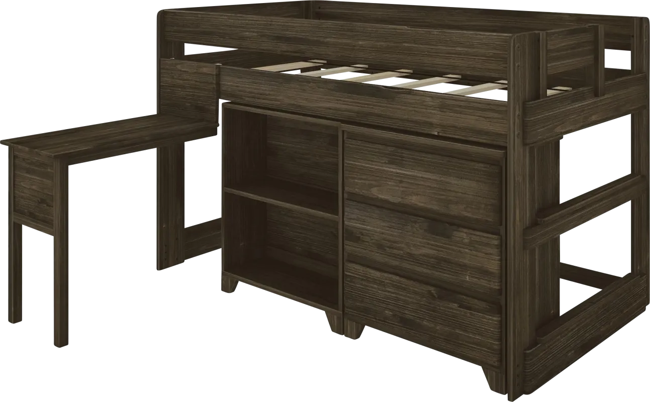 Kids Eliska I Brown Twin Loft Bed with Dresser, Bookcase, and Desk