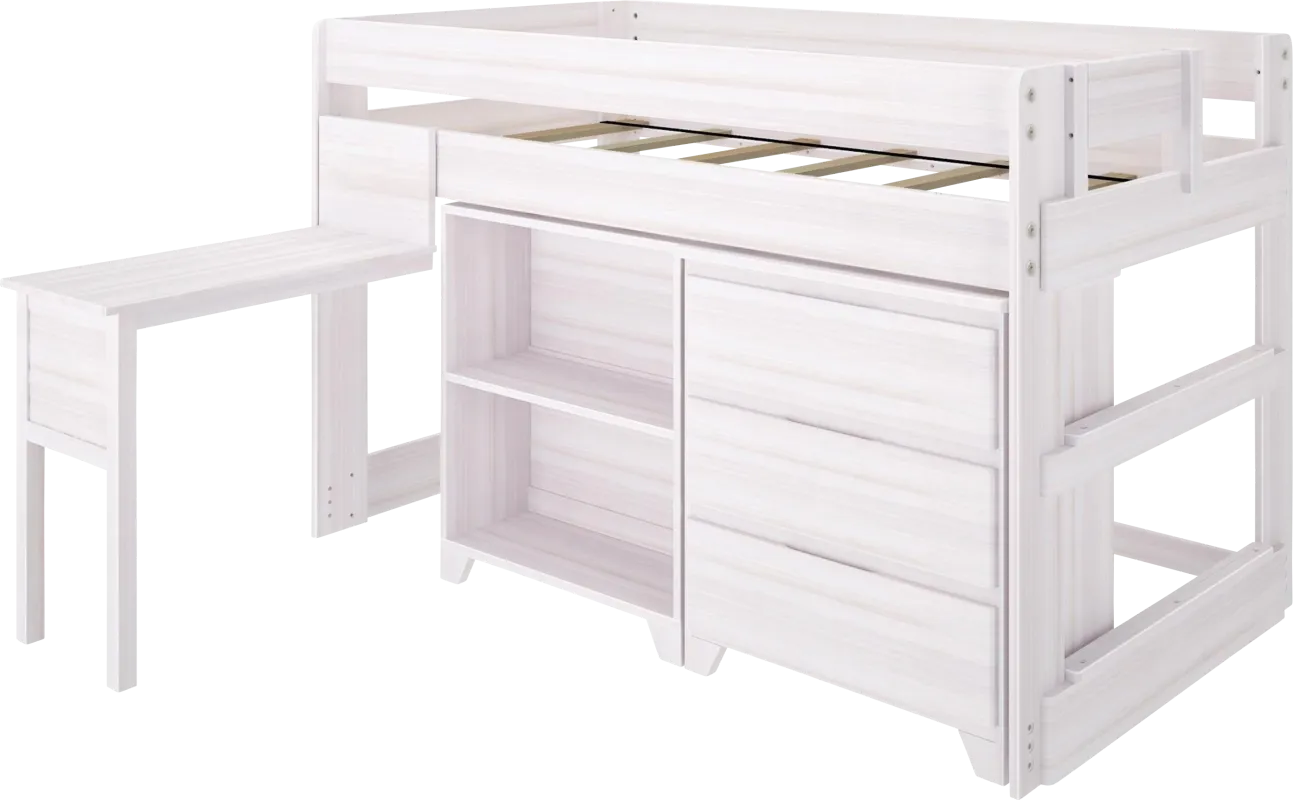 Kids Eliska I White Twin Loft Bed with Dresser, Bookcase, and Desk