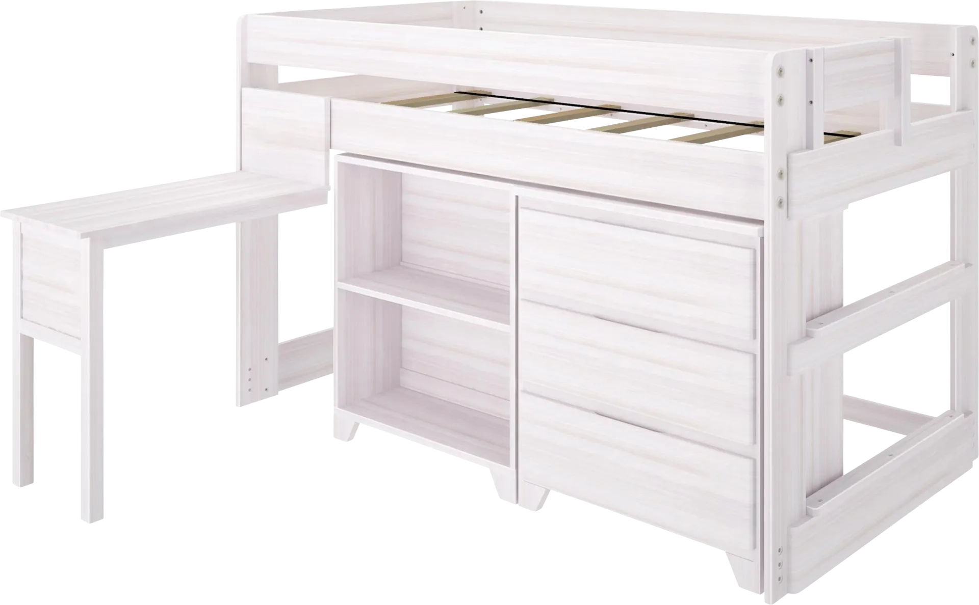 Kids Eliska I White Twin Loft Bed with Dresser, Bookcase, and Desk - Image 1