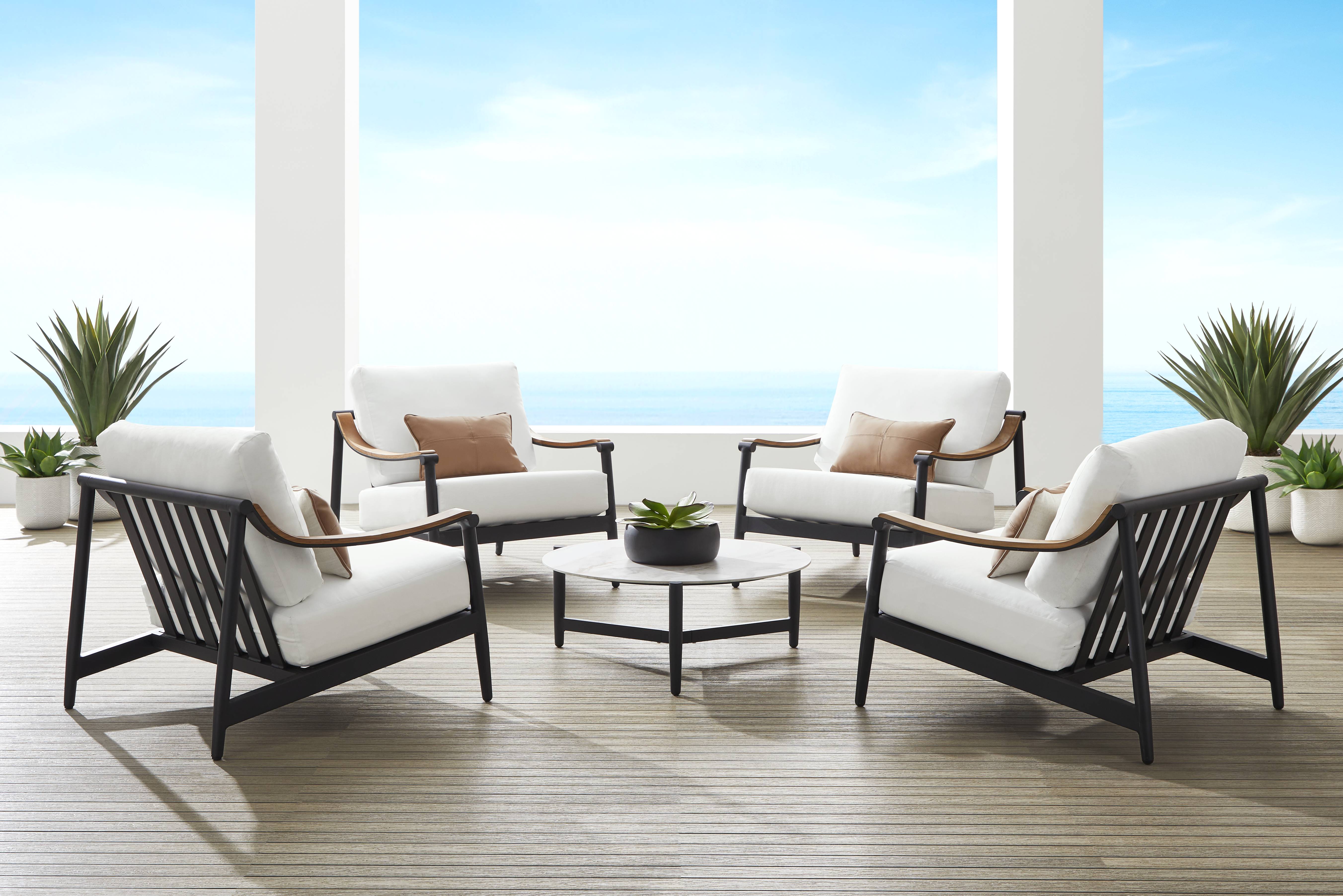 Harlowe Black 5 Pc Outdoor Chat Set with White Cushions - Thumbnail - Image 1