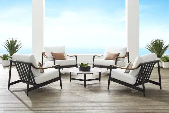 Harlowe Black 5 Pc Outdoor Chat Set with White Cushions