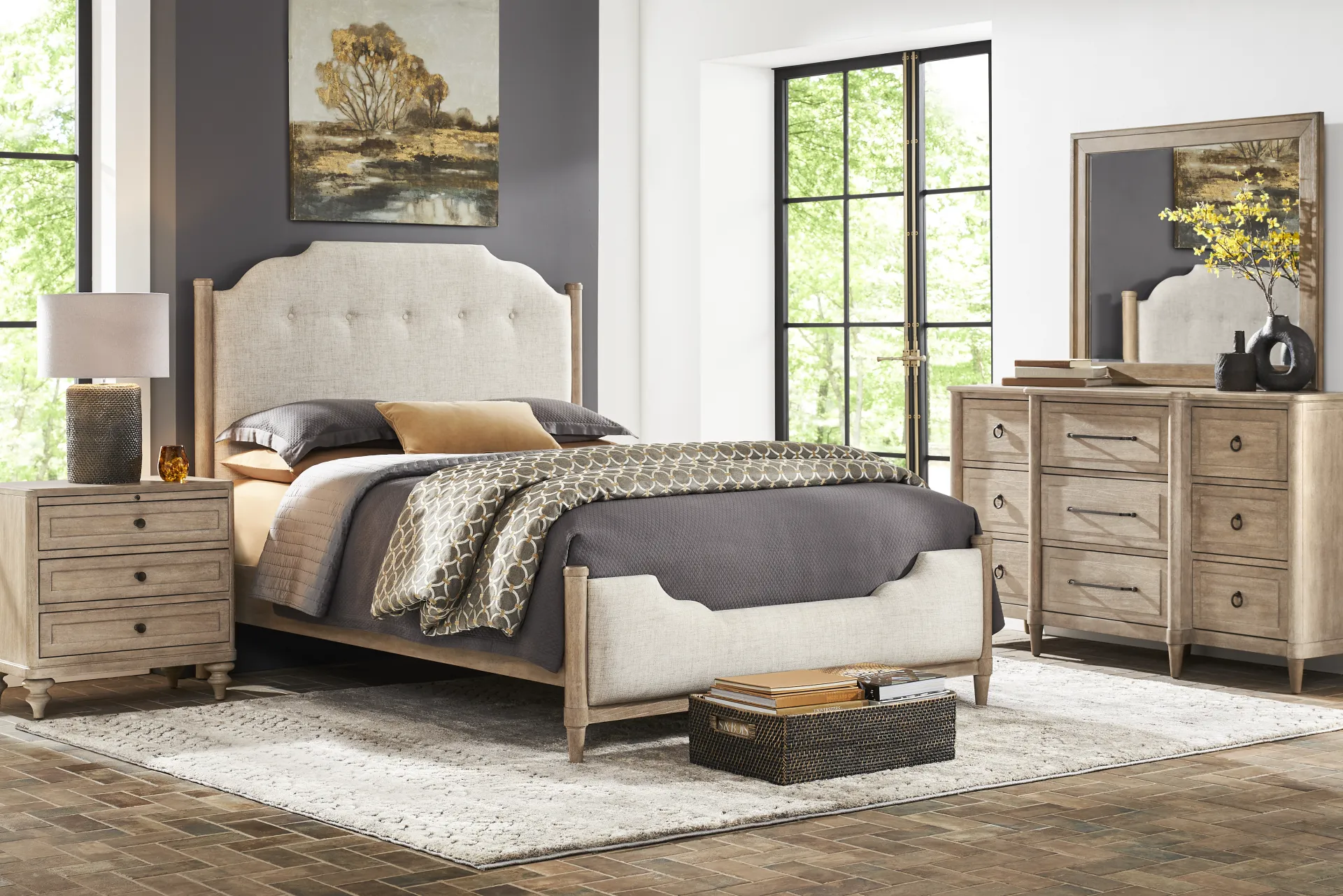 Oakwood Terrace Tan 3 Pc Queen Upholstered Bed - Image 1