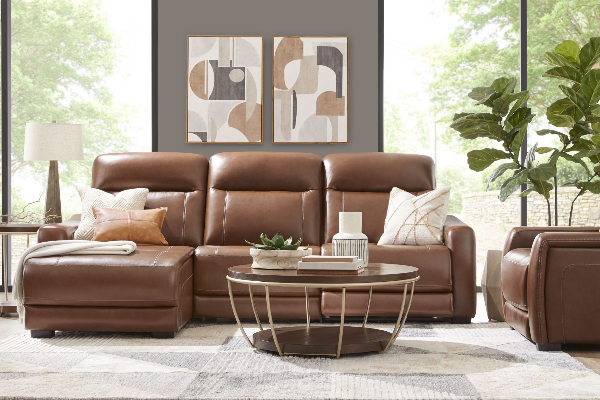 Newport Brown Leather 3 Pc Dual Power Reclining Sectional - Image 2