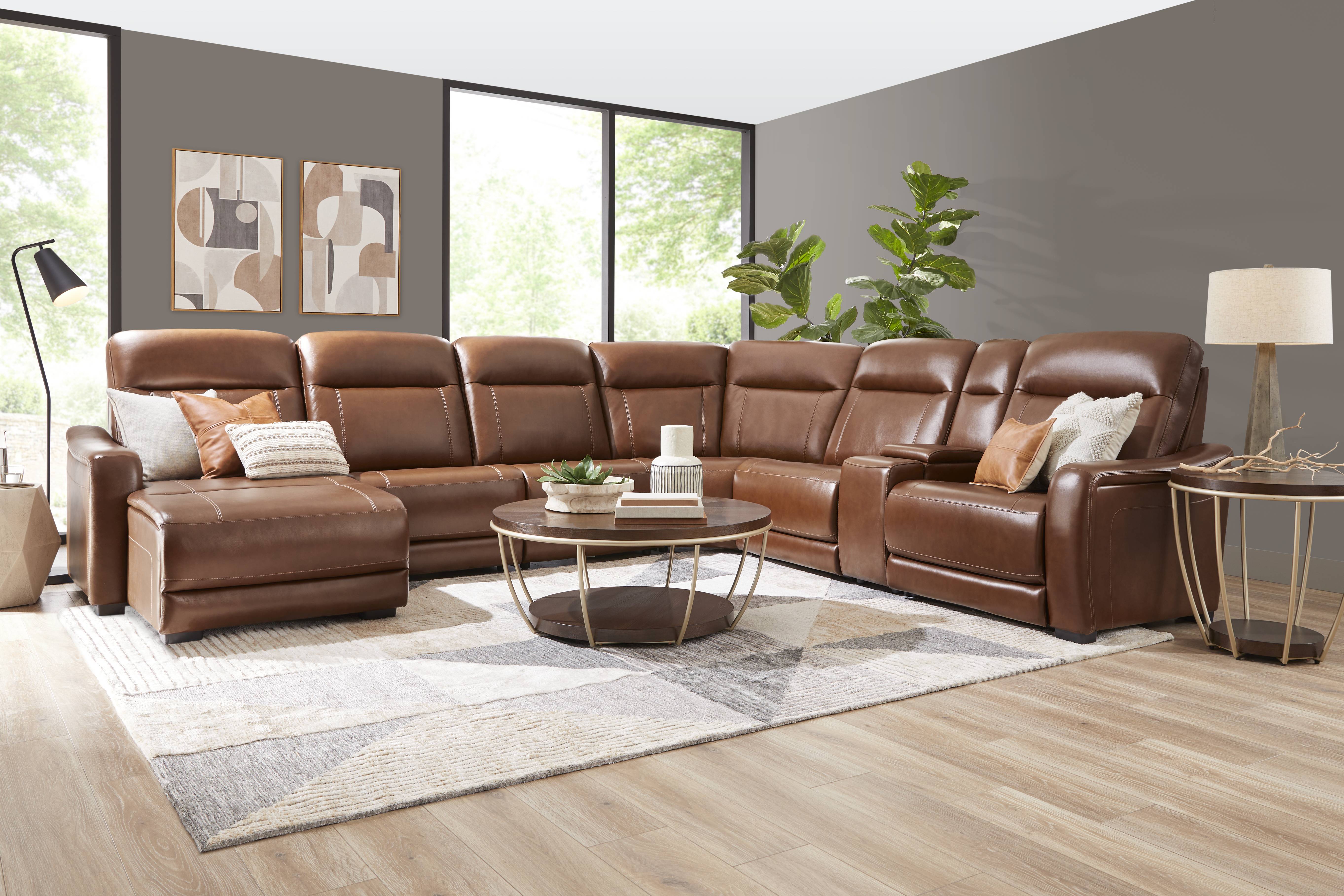 Newport Brown Leather 7 Pc Dual Power Reclining Sectional - Thumbnail - Image 2