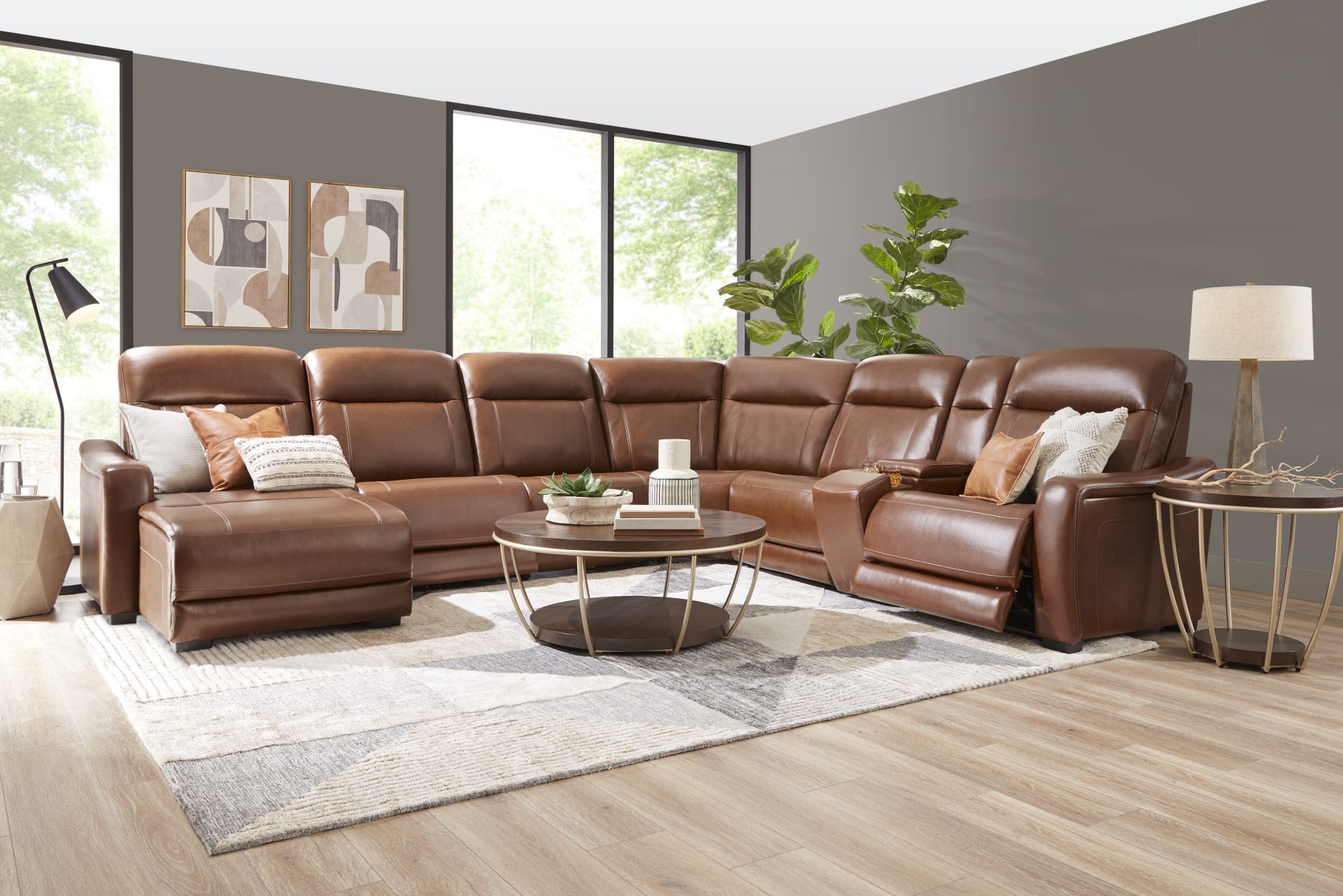 Newport Brown Leather 10 Pc Dual Power Reclining Sectional Living Room - Image 1