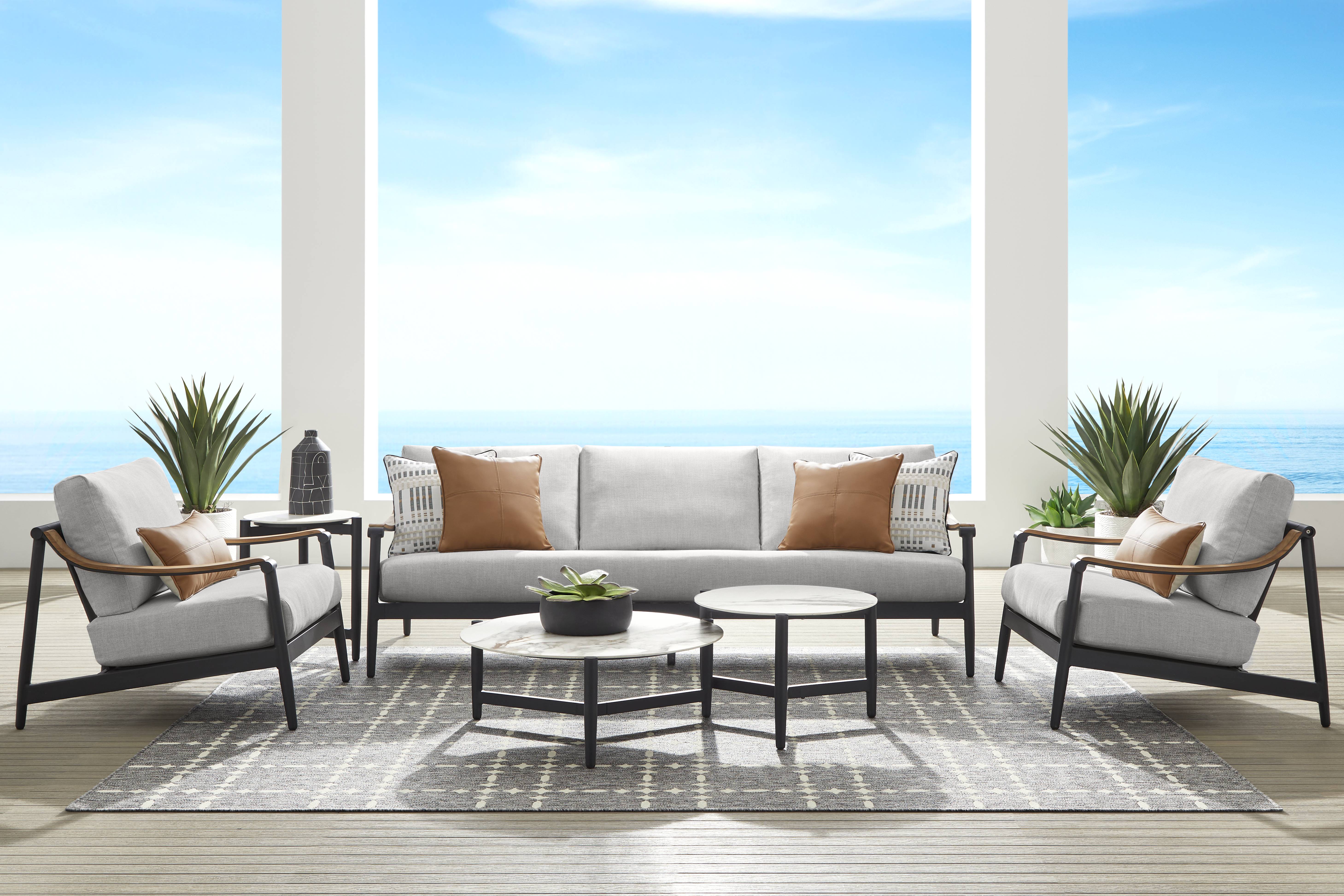 Harlowe Black 5 Pc Outdoor Seating Set with Dove Cushions - Thumbnail - Image 1