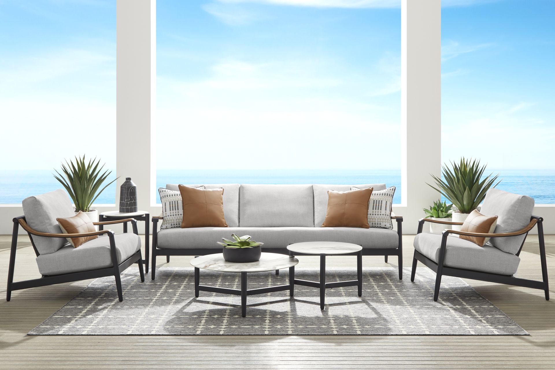 Harlowe Black 5 Pc Outdoor Seating Set with Dove Cushions - Image 1