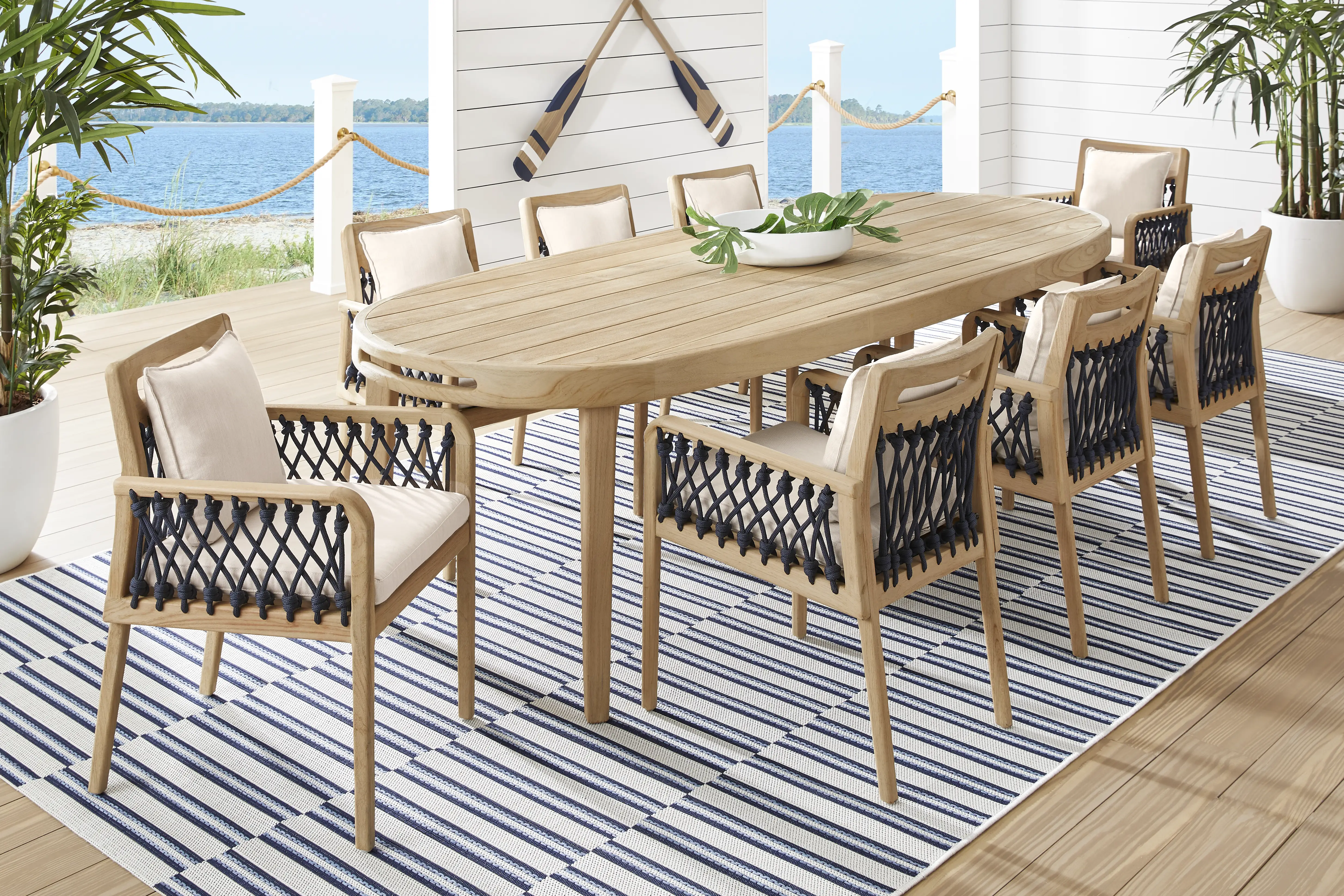 Riva Blonde 9 Pc Large Oval Outdoor Dining Set with Flax Cushions - Thumbnail - Image 1