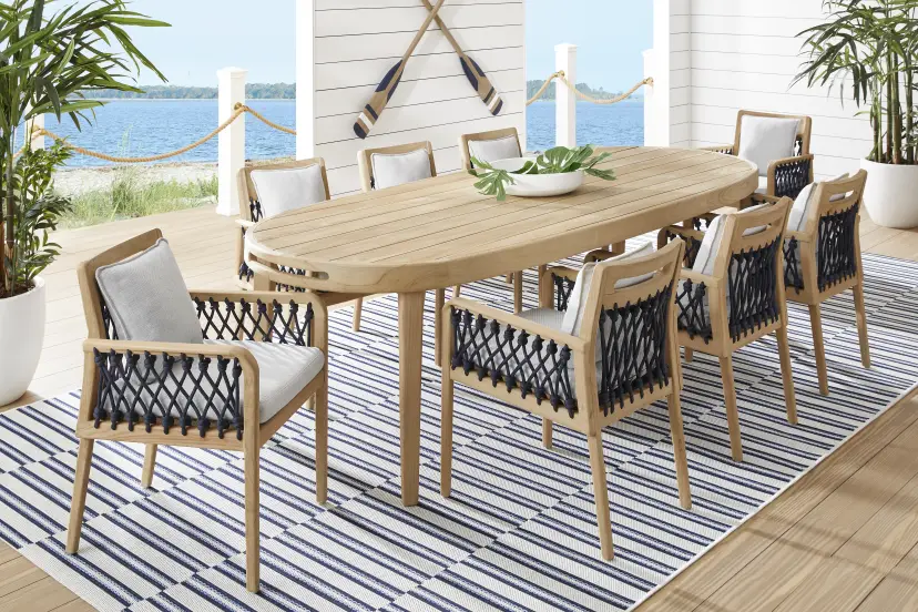 Riva Blonde 7 Pc Large Oval Outdoor Dining Set with Dove Cushions