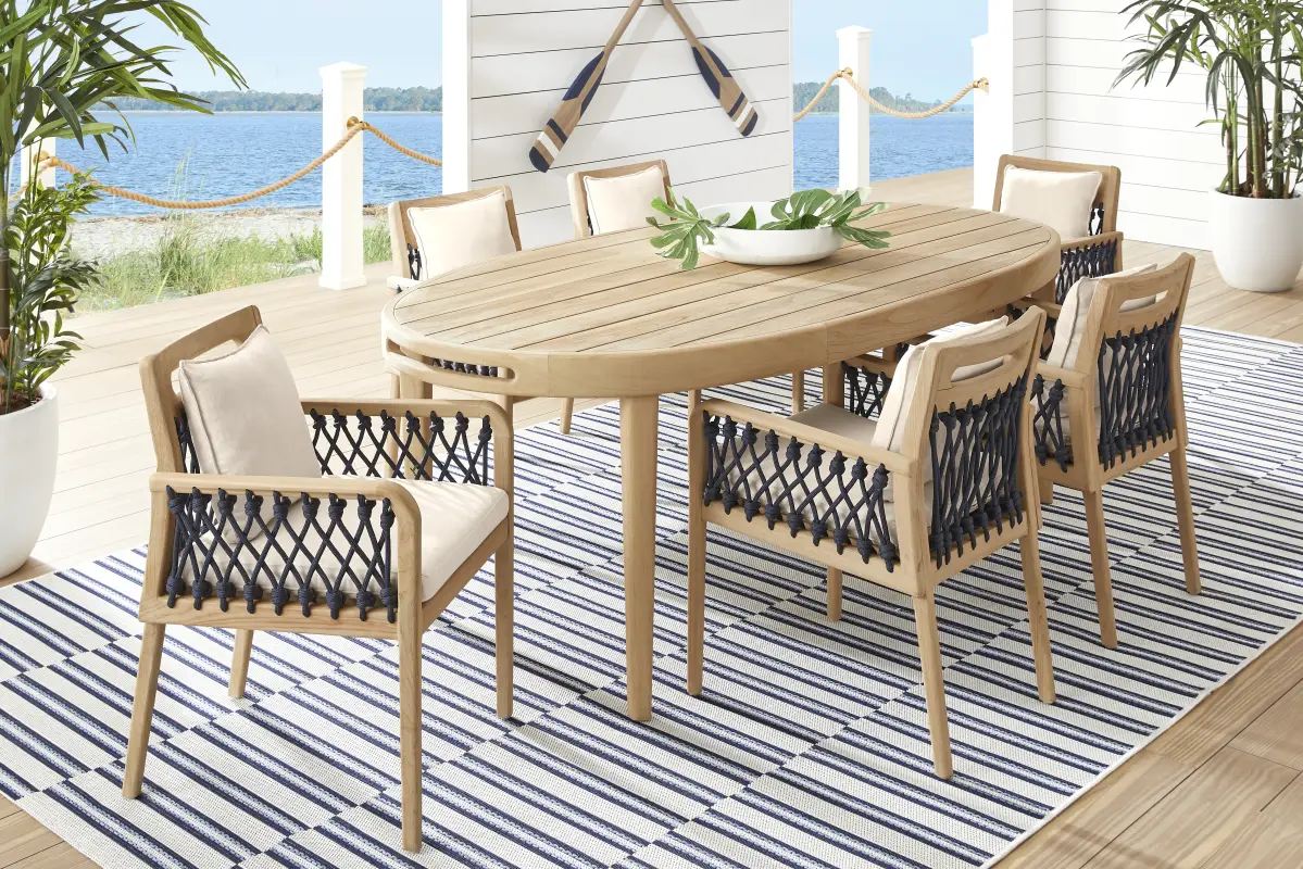 Riva Blonde 7 Pc Oval Outdoor Dining Set with Flax Cushions