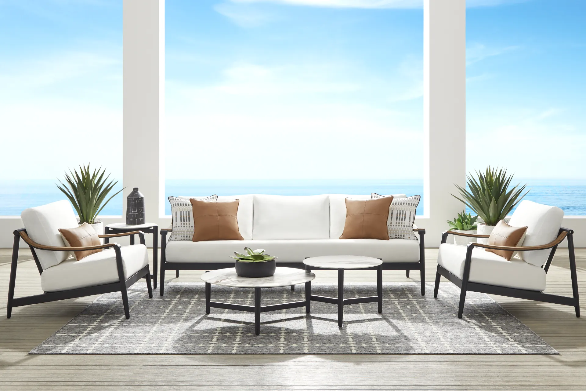 Harlowe Black 5 Pc Outdoor Seating Set with White Cushions - Image 1