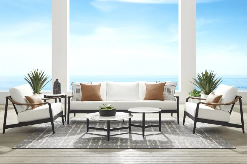 Harlowe Black 5 Pc Outdoor Seating Set with White Cushions