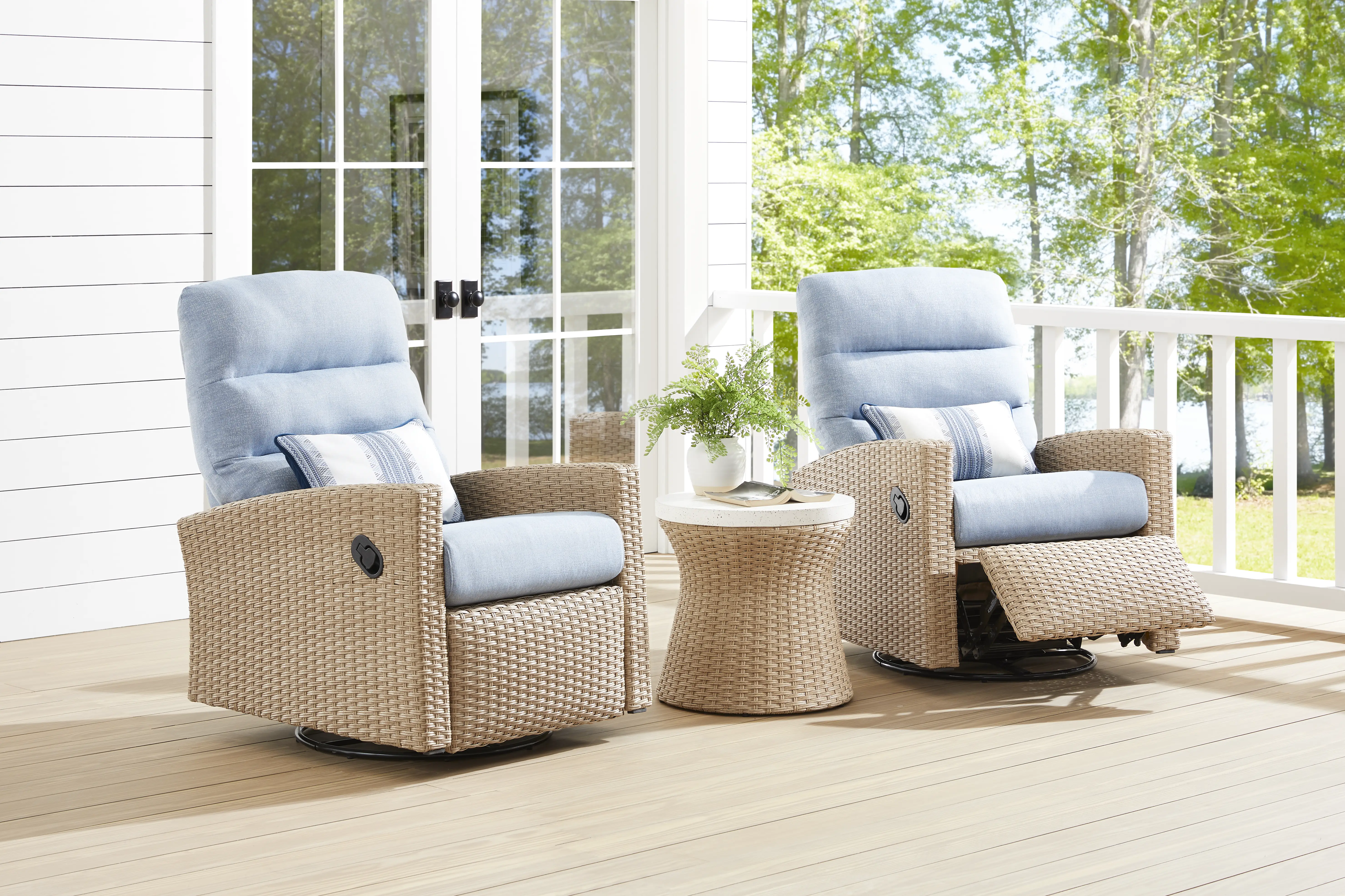 Ria Natural Outdoor Glider Recliner with Blue Cushions, Set of 2 - Thumbnail - Image 1