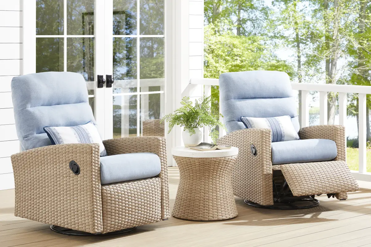 Ria Natural Outdoor Glider Recliner with Blue Cushions, Set of 2