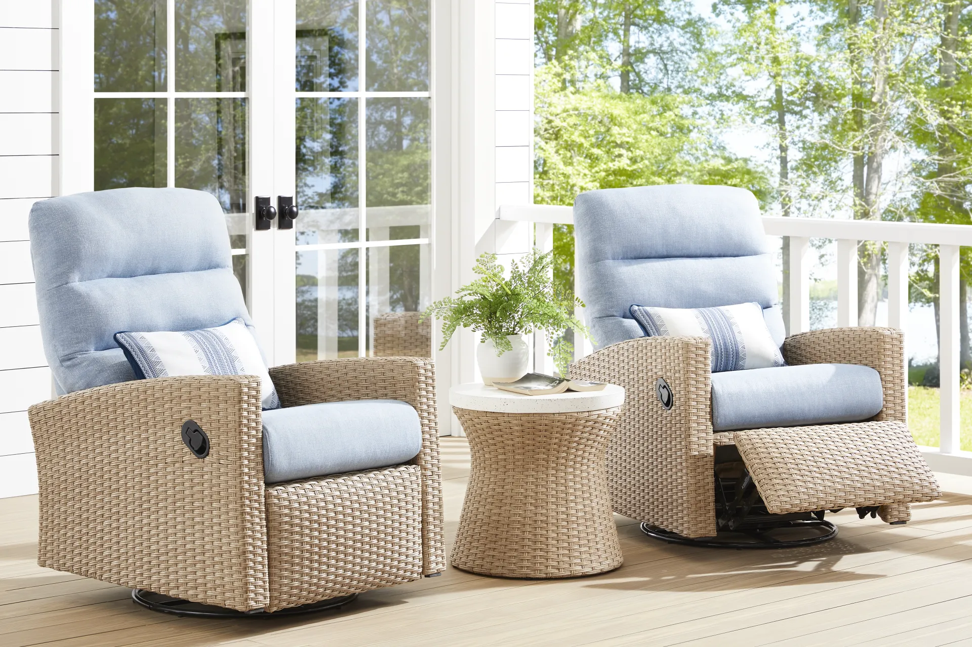 Ria Natural Outdoor Glider Recliner with Blue Cushions, Set of 2 - Image 1