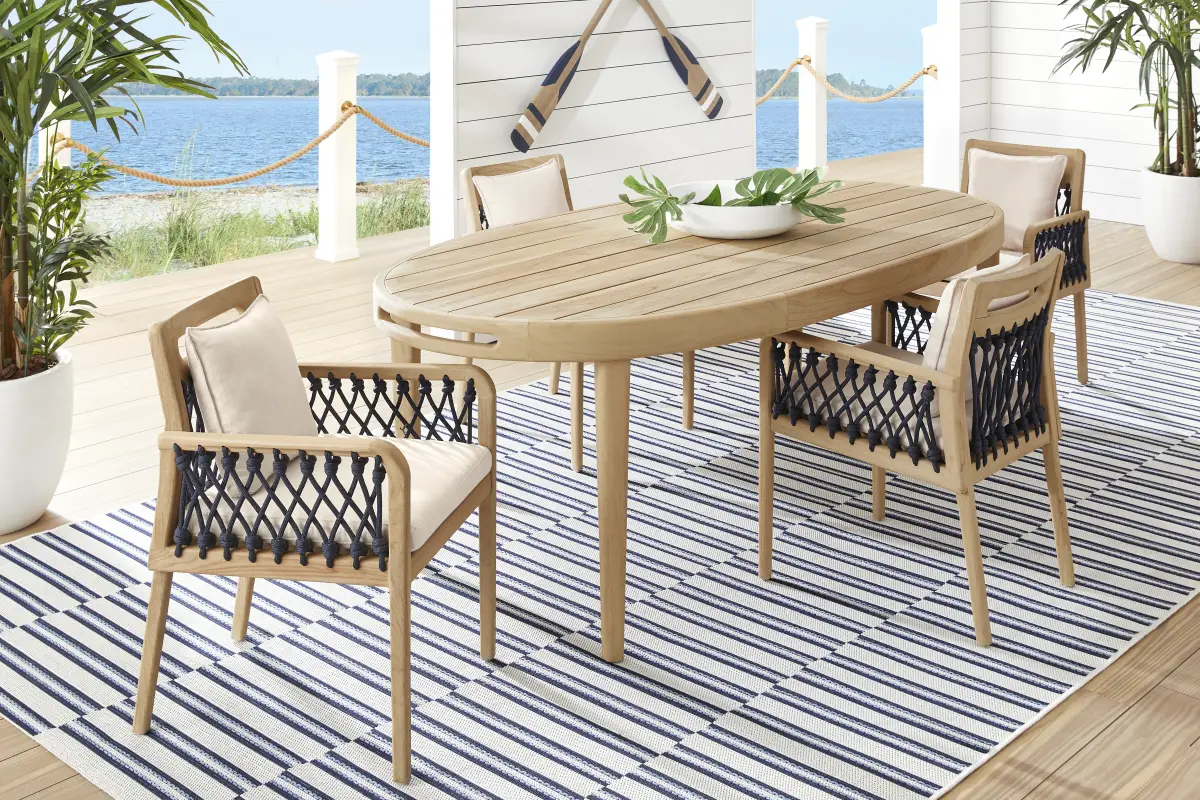 Riva Blonde 5 Pc Oval Outdoor Dining Set with Flax Cushions