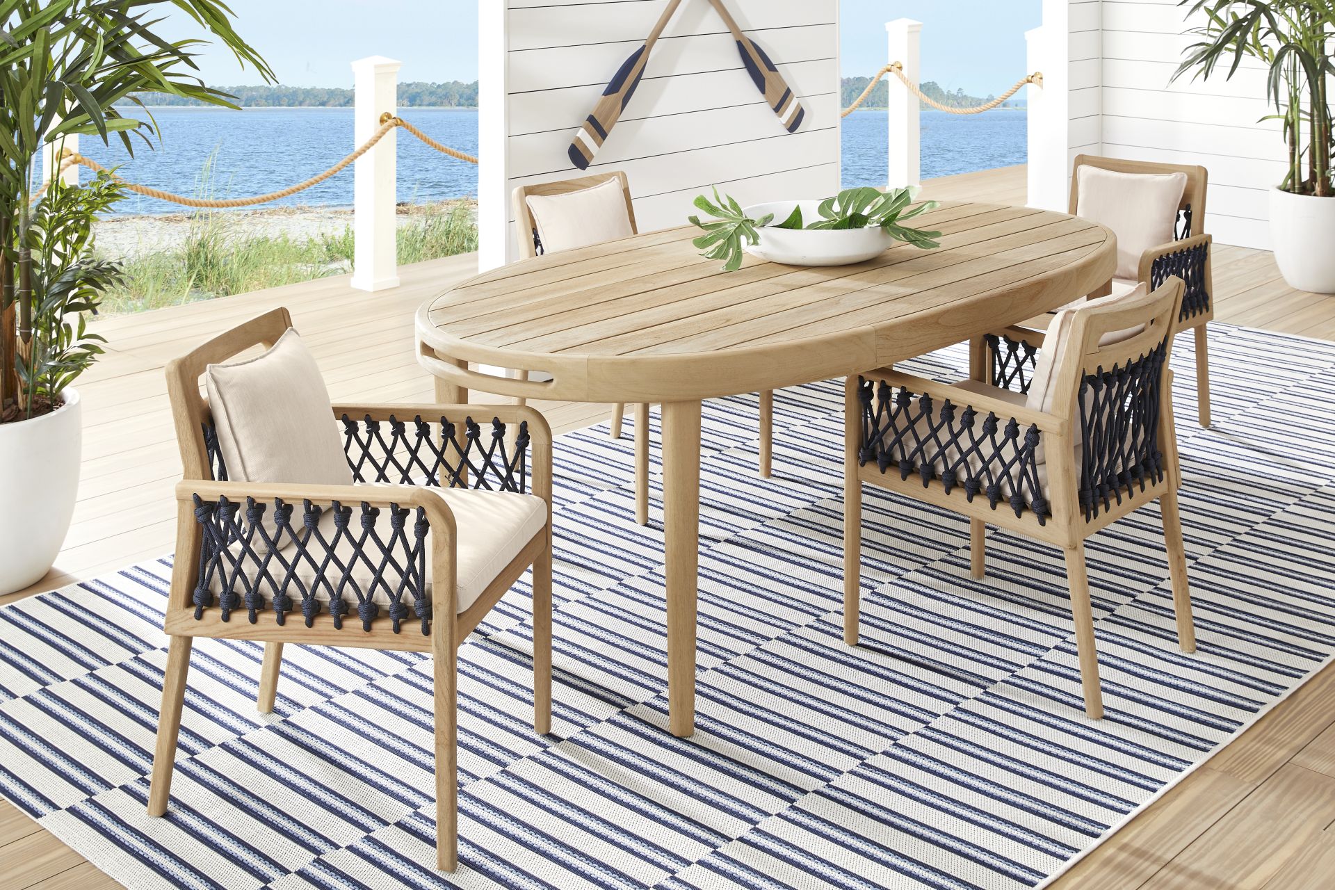 Riva Blonde 5 Pc Oval Outdoor Dining Set with Flax Cushions - Image 1