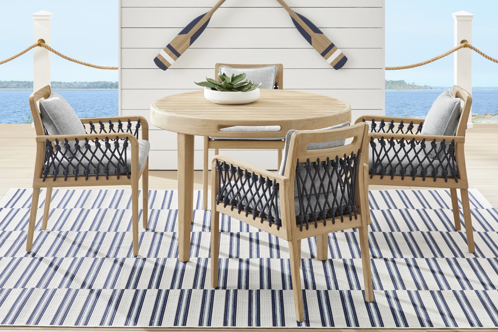 Riva Blonde 5 Pc Round Outdoor Dining Set with Slate Cushions - Image 1