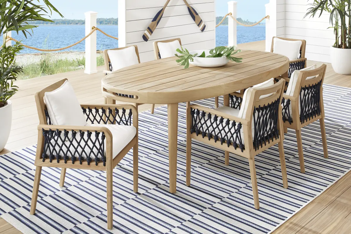 Riva Blonde 7 Pc Oval Outdoor Dining Set with White Cushions