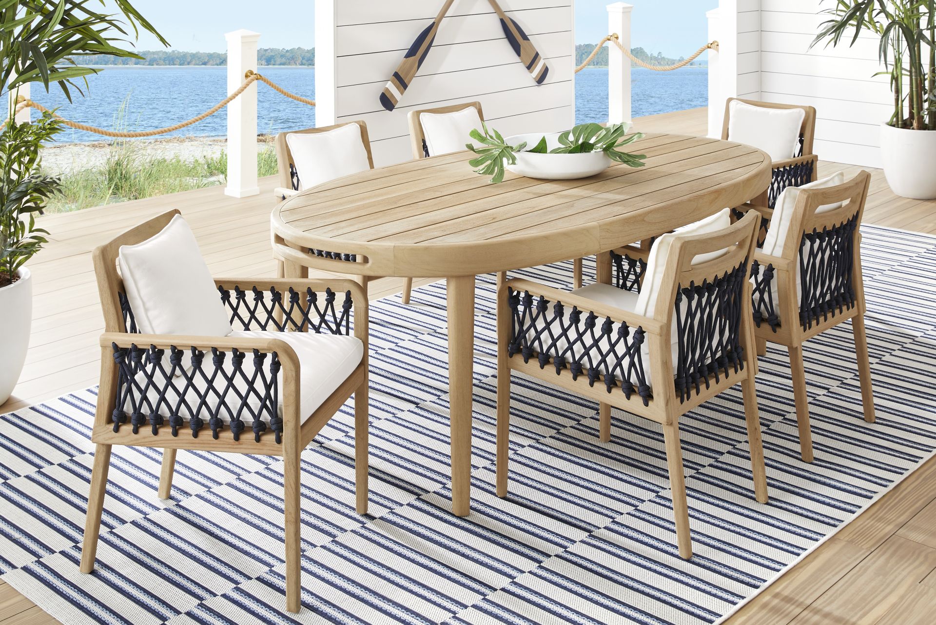 Riva Blonde 7 Pc Oval Outdoor Dining Set with White Cushions - Image 1