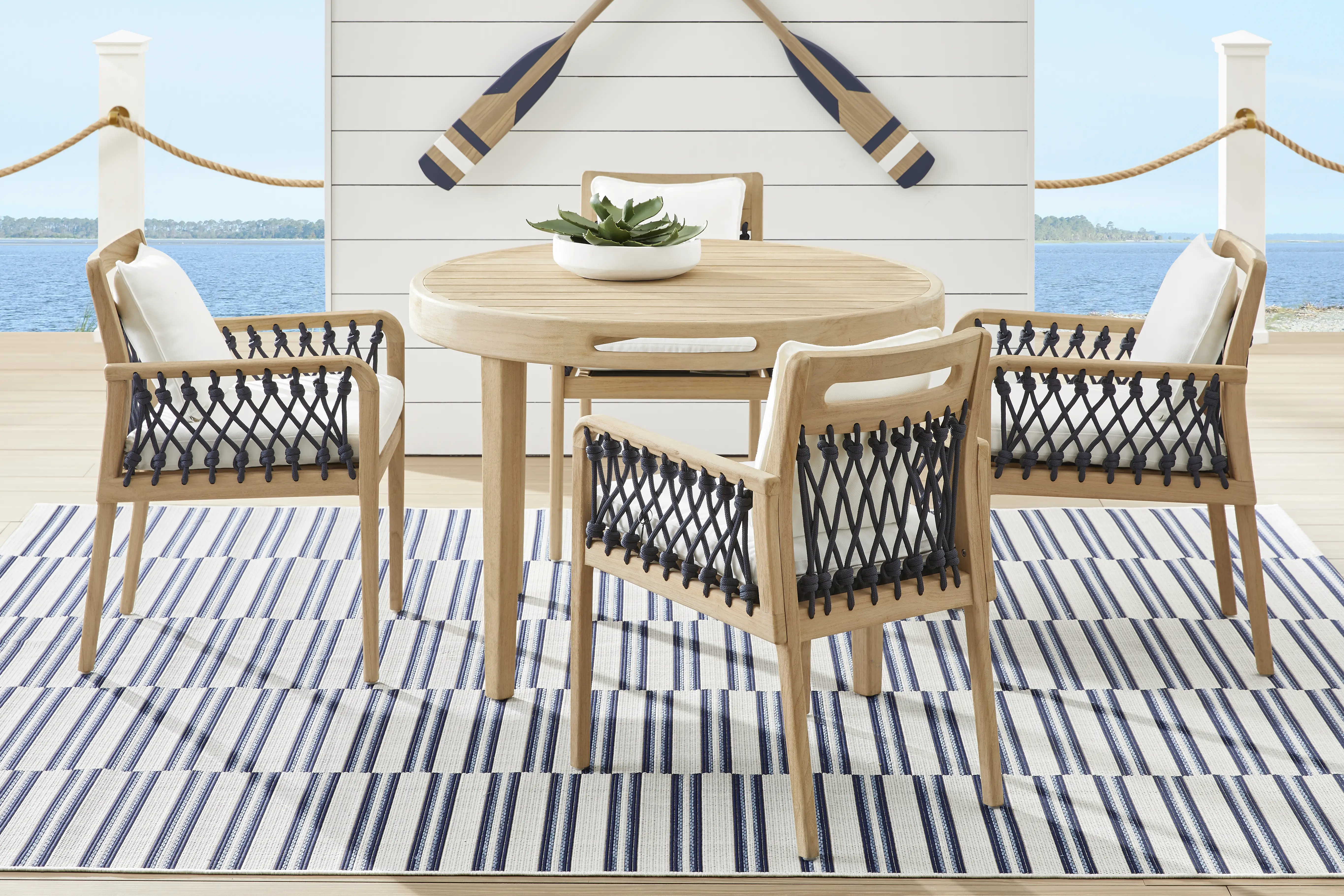 Riva Blonde 5 Pc Round Outdoor Dining Set with White Cushions - Thumbnail - Image 1