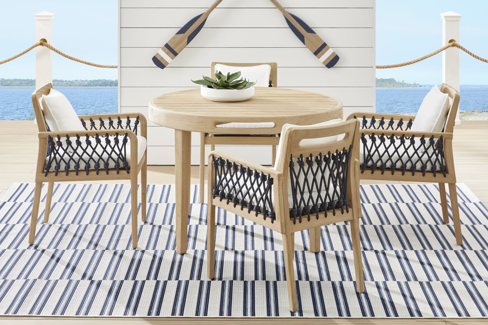 Riva Blonde 5 Pc Round Outdoor Dining Set with White Cushions - Image 1