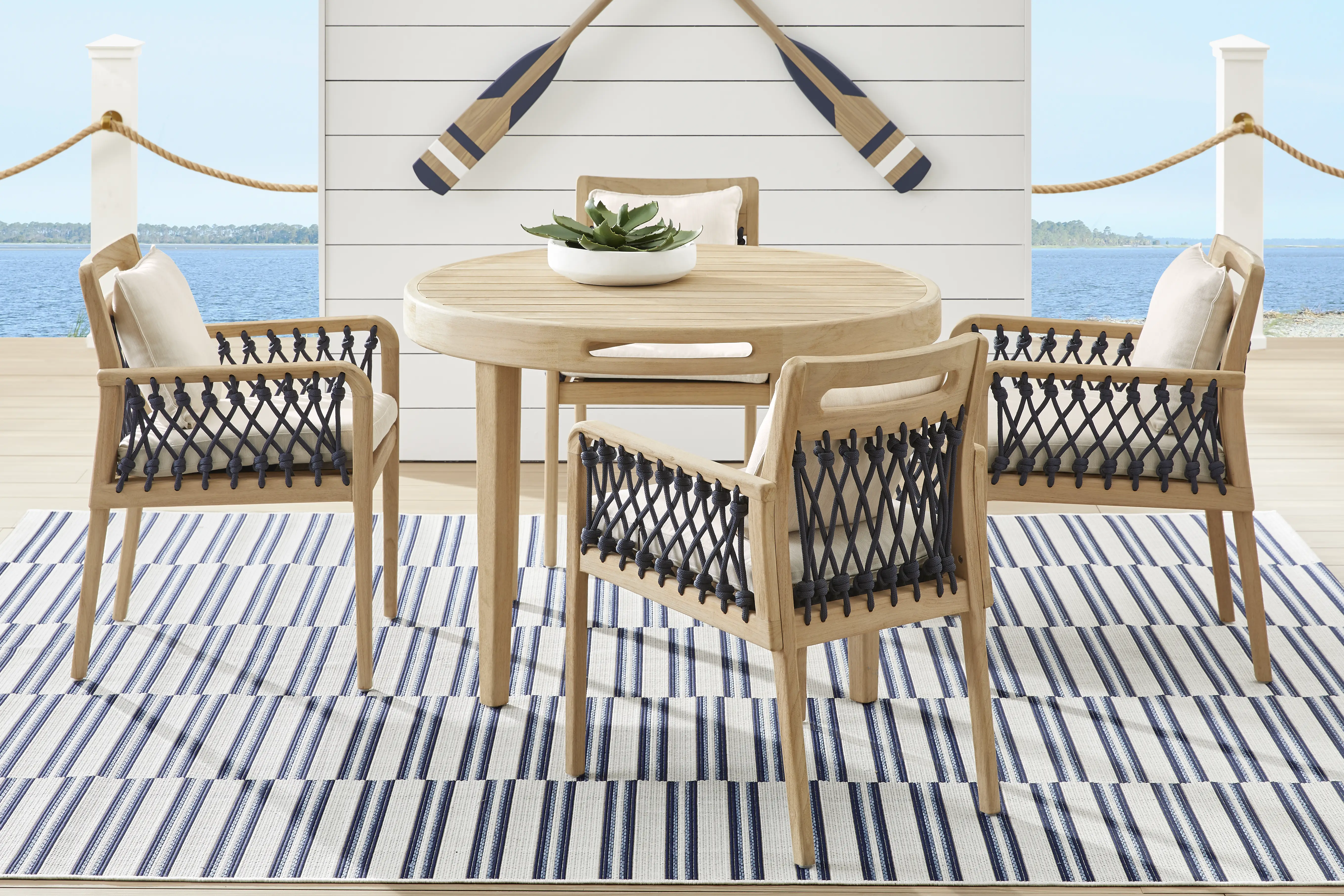 Riva Blonde 5 Pc Round Outdoor Dining Set with Flax Cushions - Thumbnail - Image 1