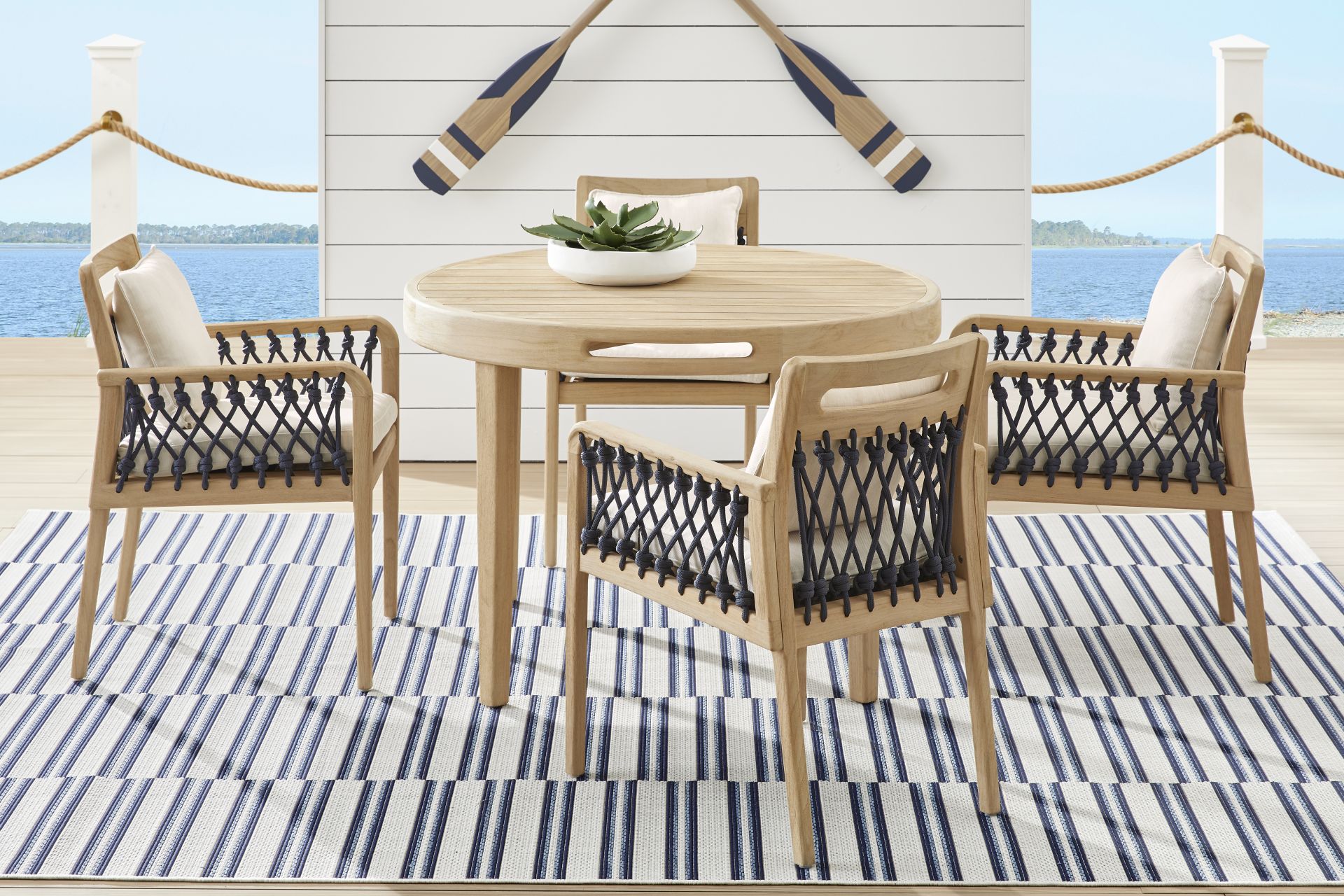 Riva Blonde 5 Pc Round Outdoor Dining Set with Flax Cushions - Image 1