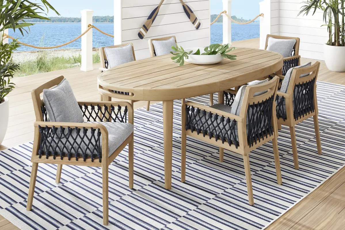 Riva Blonde 7 Pc Oval Outdoor Dining Set with Slate Cushions