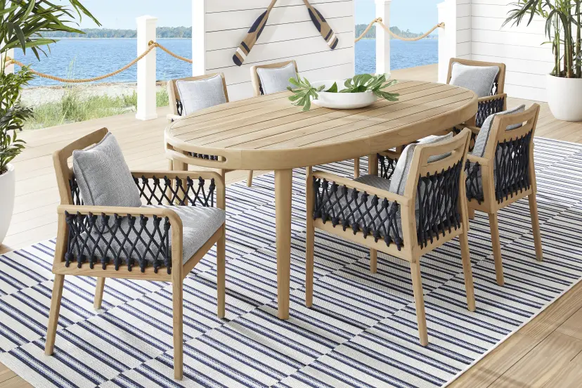 Riva Blonde 7 Pc Oval Outdoor Dining Set with Slate Cushions