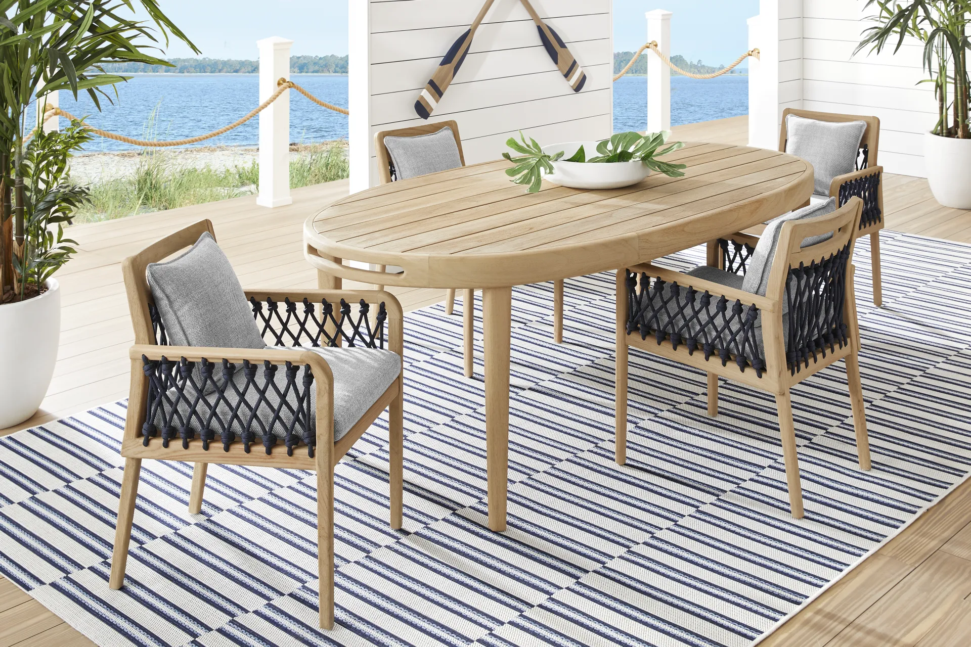 Riva Blonde 5 Pc Oval Outdoor Dining Set with Slate Cushions - Image 1
