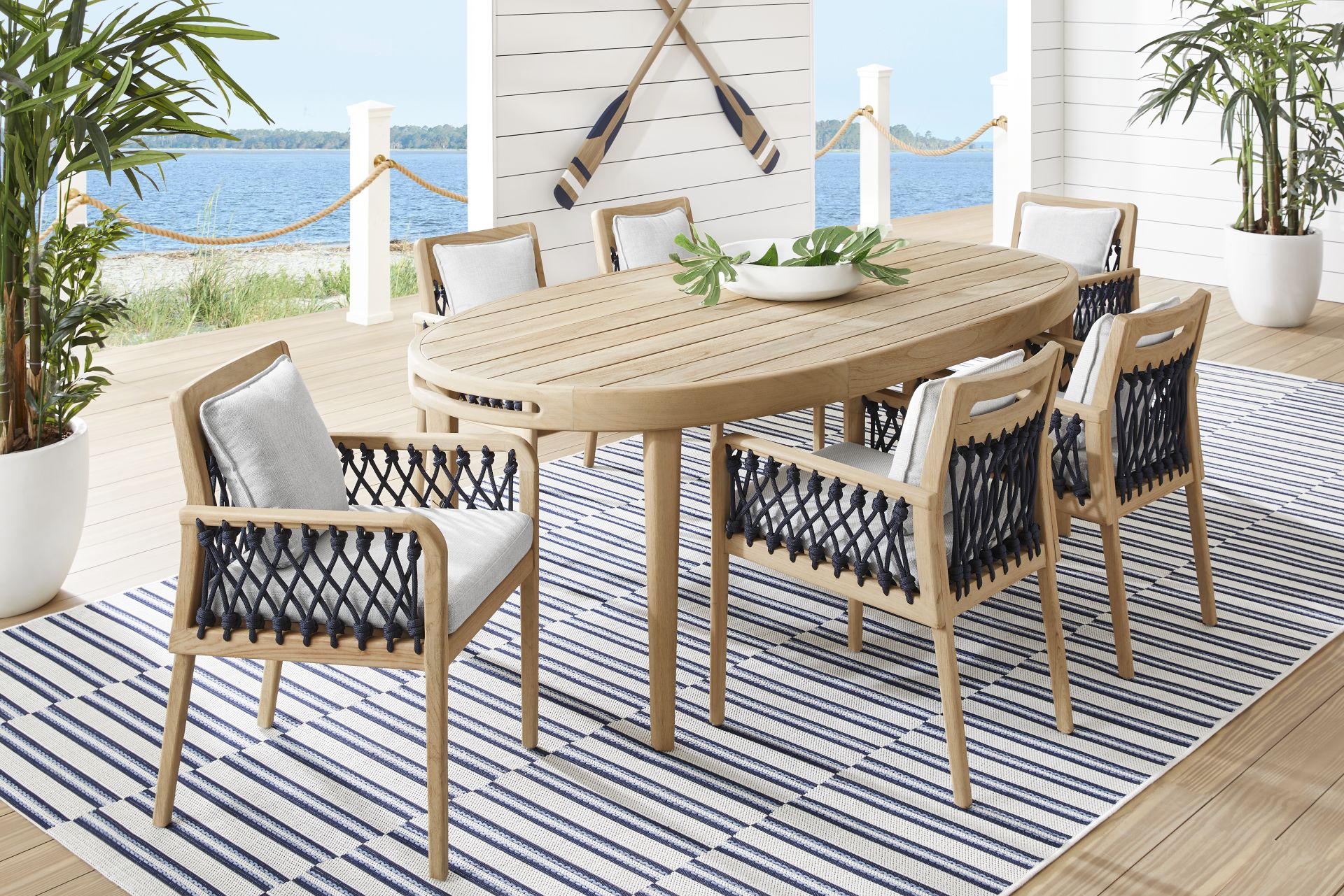 Riva Blonde 7 Pc Oval Outdoor Dining Set with Dove Cushions - Image 1