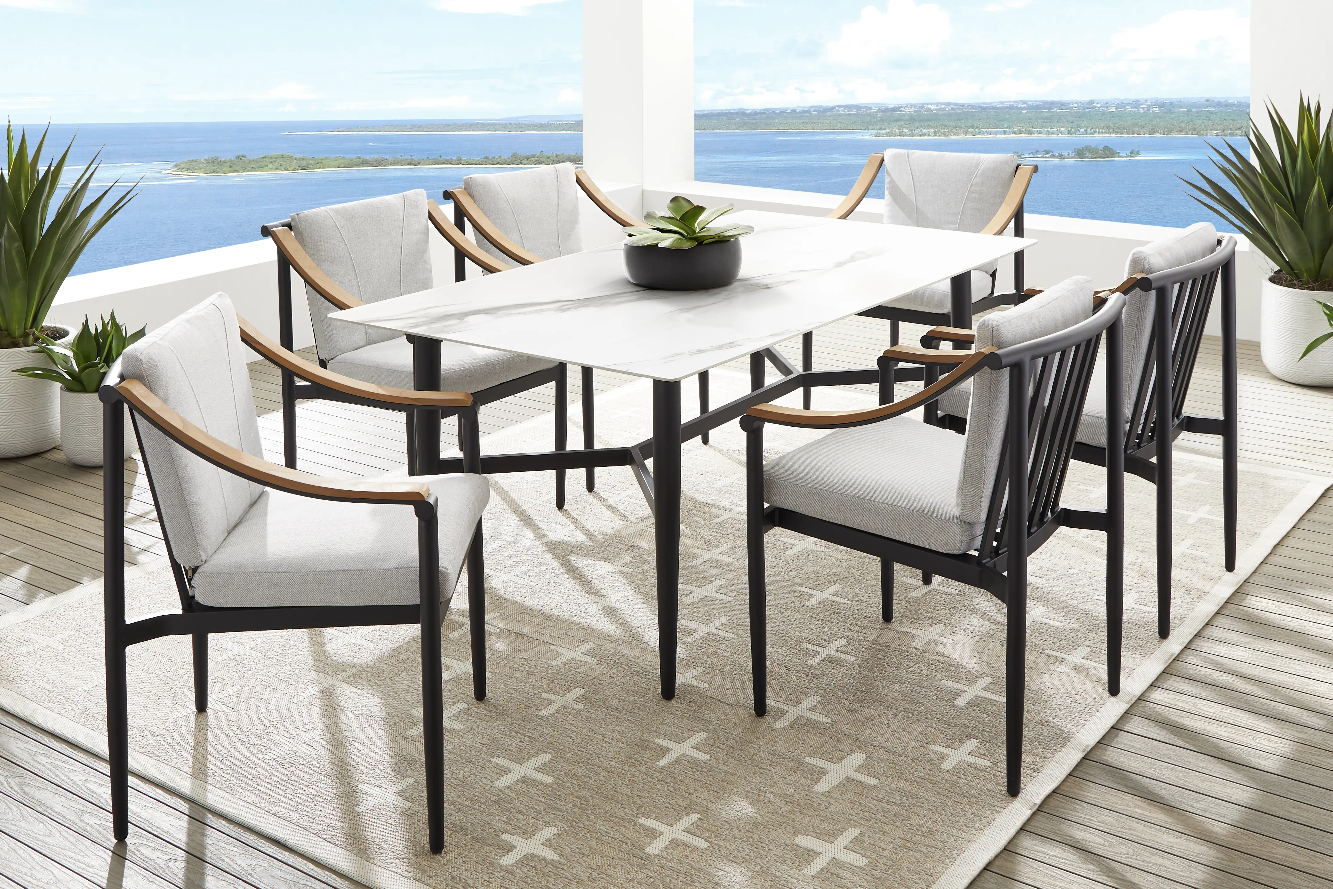 Harlowe Black 7 Pc Outdoor Rectangle Dining Set with Dove Cushions - Thumbnail - Image 1