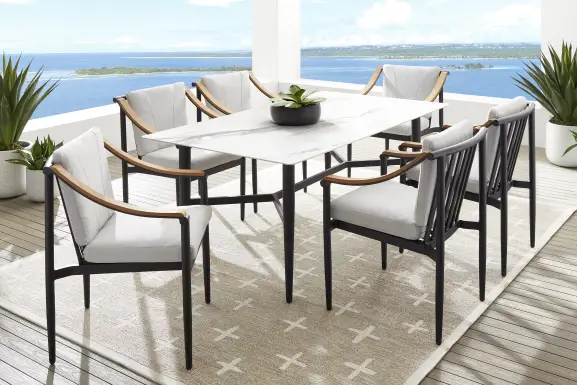 Harlowe Black 7 Pc Outdoor Rectangle Dining Set with Dove Cushions